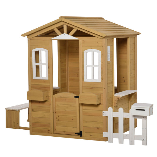 Outsunny Casita Infantil de Exterior a Partir de 3 Años Casa de Juegos de Madera con Buzón Banco 204x107x140 cm para Exterior Interior Color Madera Natural