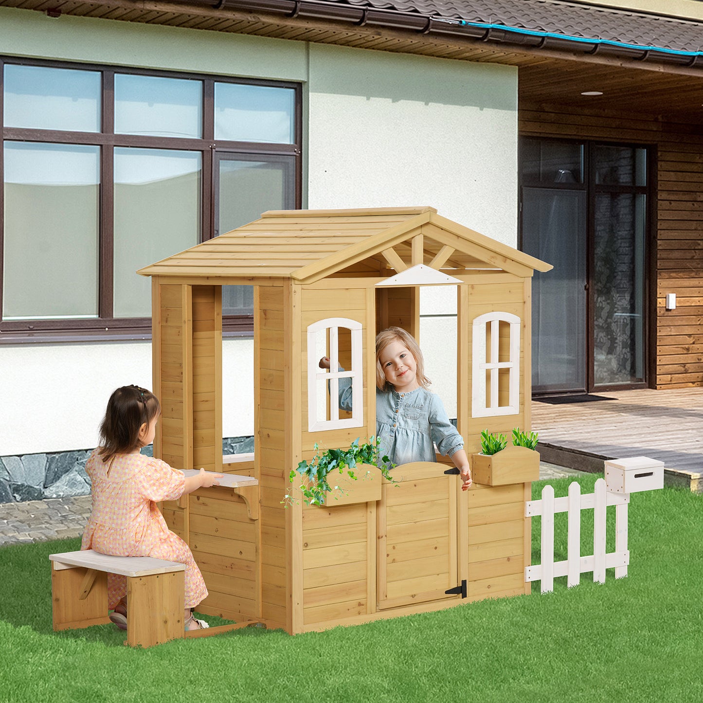 Outsunny Casita Infantil de Exterior a Partir de 3 Años Casa de Juegos de Madera con Buzón Banco 204x107x140 cm para Exterior Interior Color Madera Natural