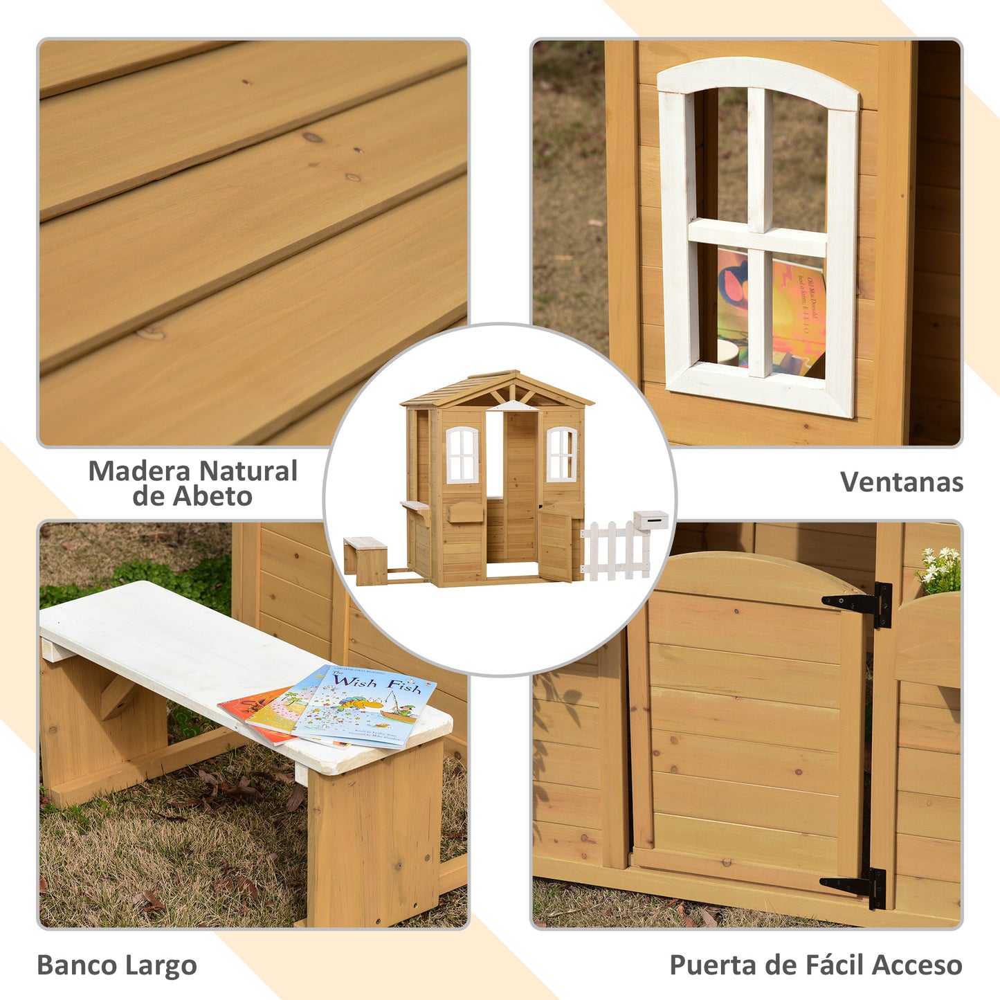 Outsunny Casita Infantil de Exterior a Partir de 3 Años Casa de Juegos de Madera con Buzón Banco 204x107x140 cm para Exterior Interior Color Madera Natural