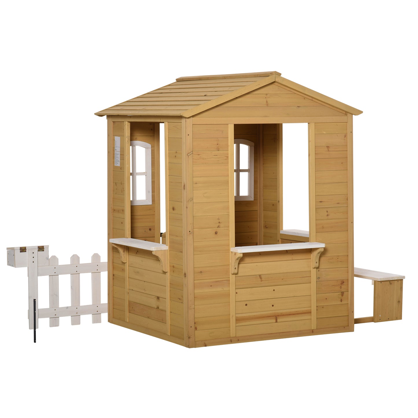 Outsunny Casita Infantil de Exterior a Partir de 3 Años Casa de Juegos de Madera con Buzón Banco 204x107x140 cm para Exterior Interior Color Madera Natural