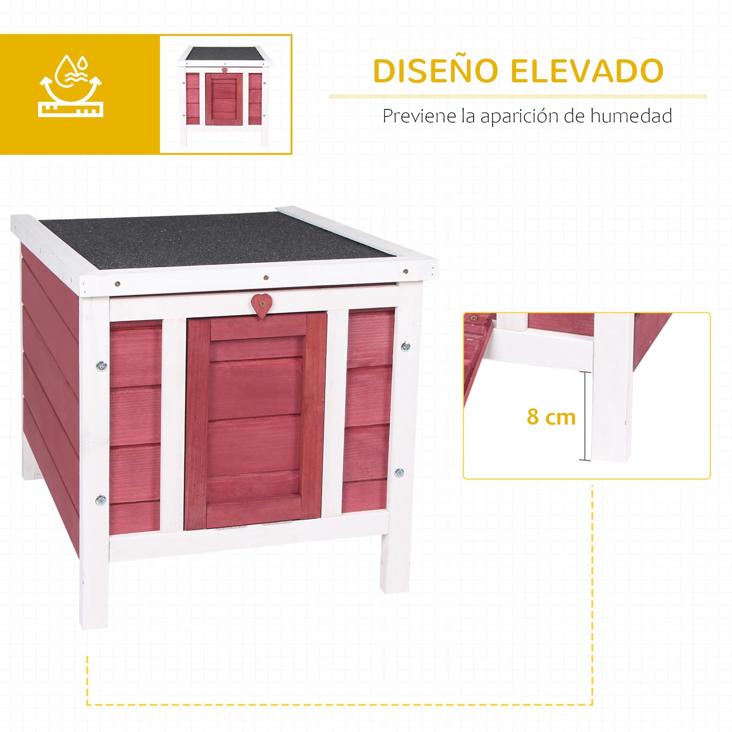 PawHut Conejera de Madera Exterior Jaula Caseta para Roedores Mascotas Pequeñas con Techo Asfáltico Abatible y Rampa Antideslizante 42x51x43 cm Rojo