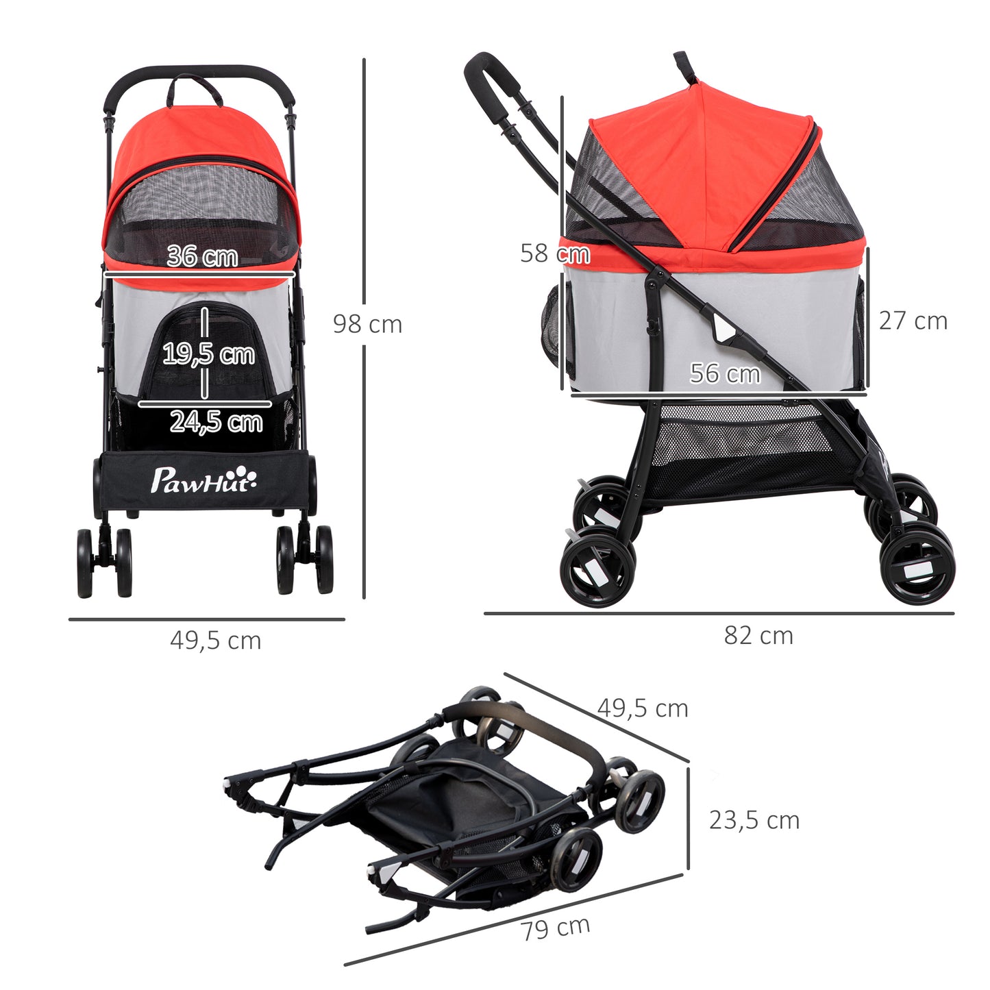 PawHut Carrito para Perros Plegable 3 en 1 Cochecito para Mascotas Carrito para Perros Pequeños con Vagón Desmontable Cesta de Almacenaje Correas de Seguridad y Cojín Rojo