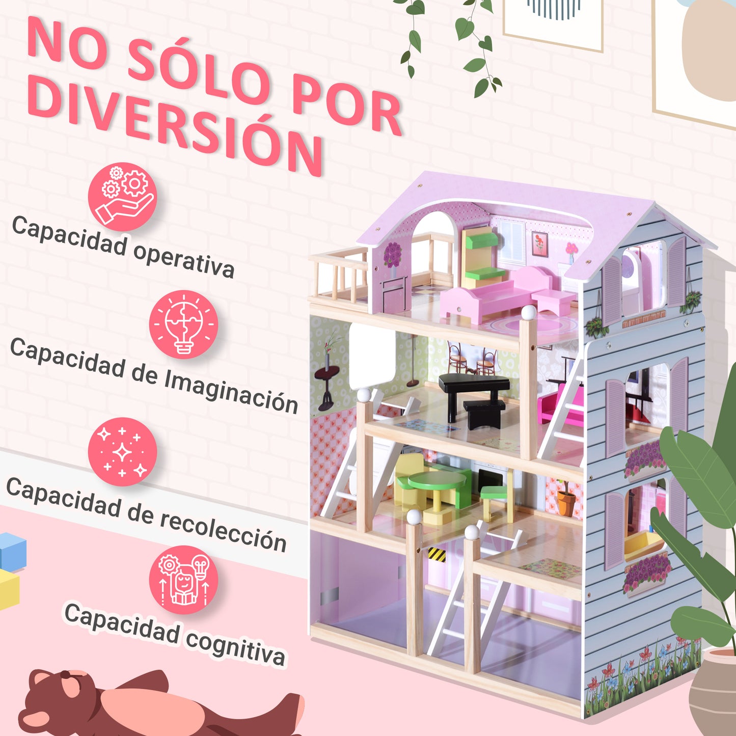 HOMCOM Casa de Muñecas de Madera con Muebles de 4 Niveles Altura 80,5 cm con 13 Accesorios Casita de Muñecas para Niñas Jueguete para Niños 60,5x30x80,5 cm Rosa