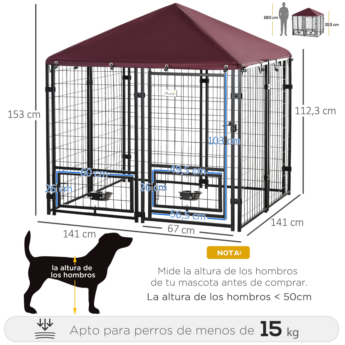 PawHut Perrera de 8 Paneles Parque para Perros Metálica de Exterior con 2 Soportes Giratorios para Comida 2 Cuencos y Toldo de Impermeable y Anti-UV 141x141x153 cm Negro y Rojo