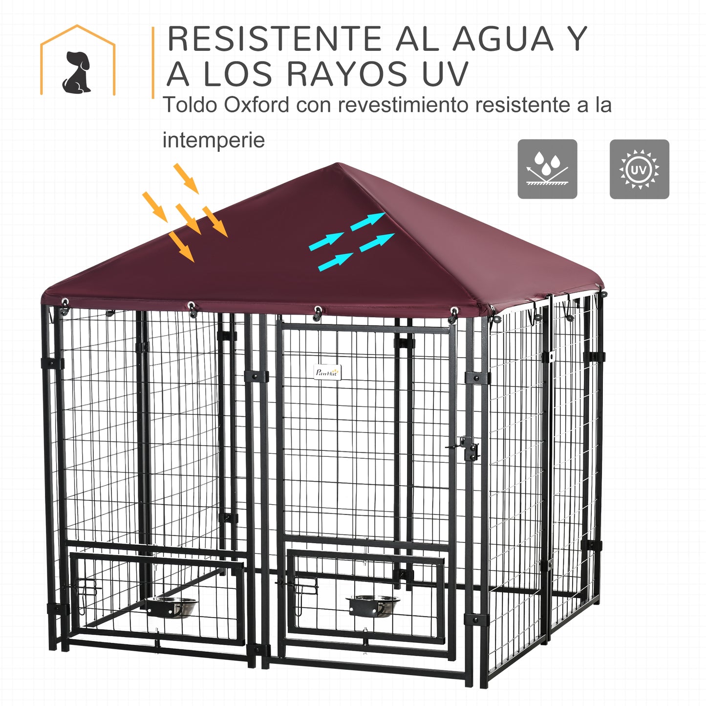 PawHut Perrera de 8 Paneles Parque para Perros Metálica de Exterior con 2 Soportes Giratorios para Comida 2 Cuencos y Toldo de Impermeable y Anti-UV 141x141x153 cm Negro y Rojo