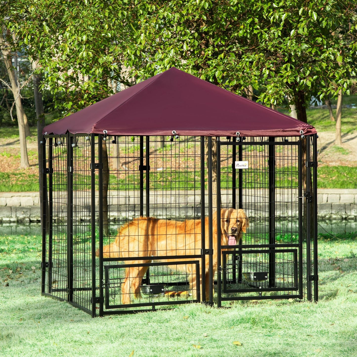 PawHut Perrera de 8 Paneles Parque para Perros Metálica de Exterior con 2 Soportes Giratorios para Comida 2 Cuencos y Toldo de Impermeable y Anti-UV 141x141x153 cm Negro y Rojo