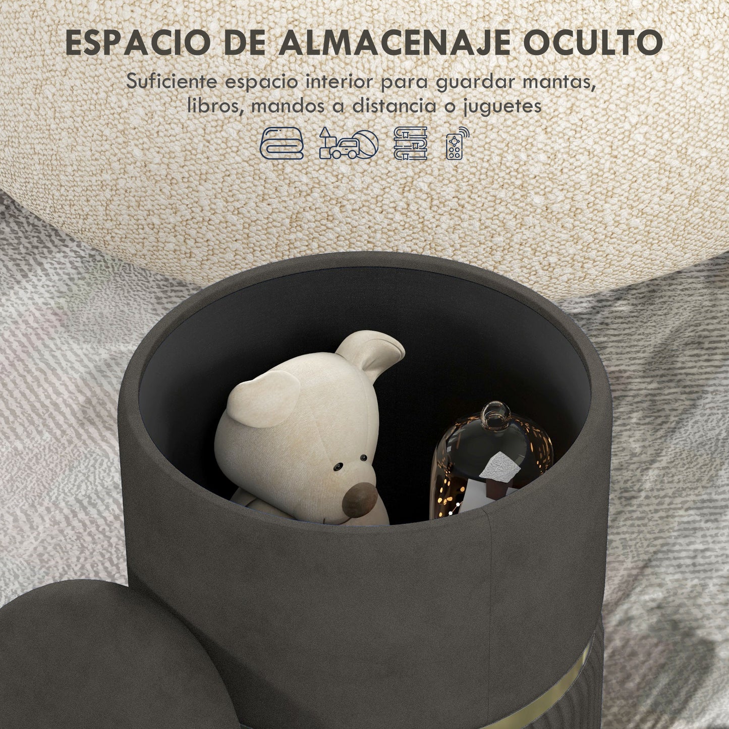 HOMCOM Baúl de Almacenaje para Dormitorio Puff Almacenaje Tapizado en Terciopelo Banco de Almacenaje con Patas Antideslizantes Ø36x44 cm Gris