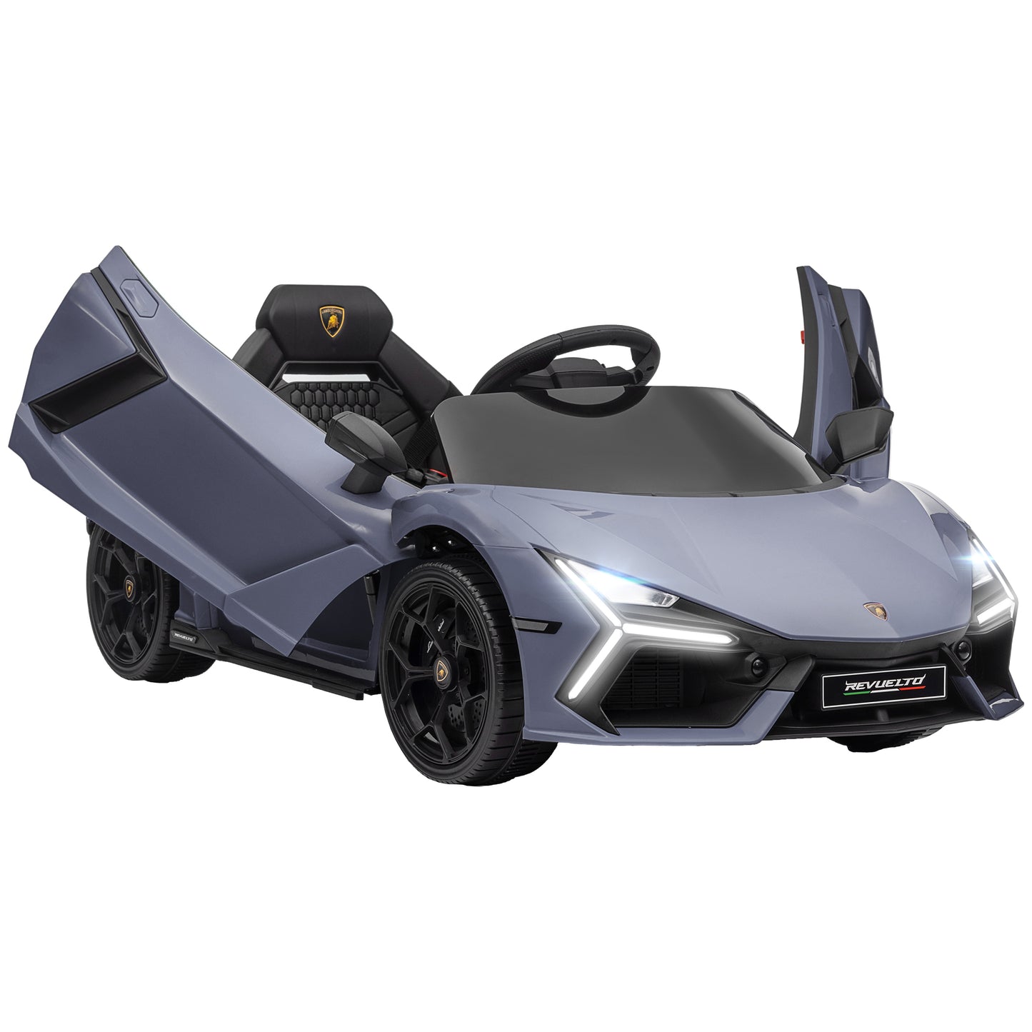 AIYAPLAY Coche Eléctrico para Niños de +3 Años Lamborghini Revuelto Carro Eléctrico Infantil con Batería 12V Mando a Distancia Faros LED Bocina Música y Ruedas Auxiliares Gris