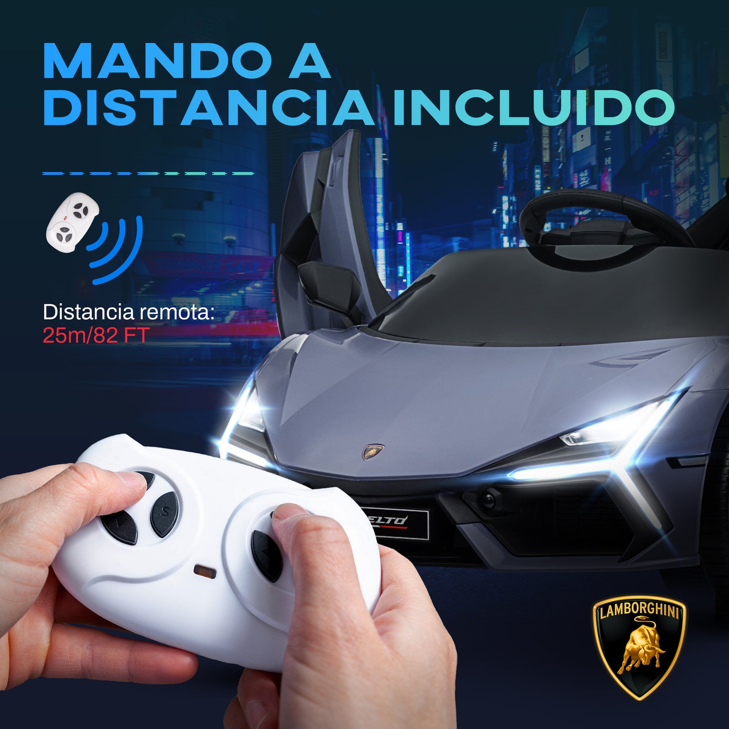 AIYAPLAY Coche Eléctrico para Niños de +3 Años Lamborghini Revuelto Carro Eléctrico Infantil con Batería 12V Mando a Distancia Faros LED Bocina Música y Ruedas Auxiliares Gris