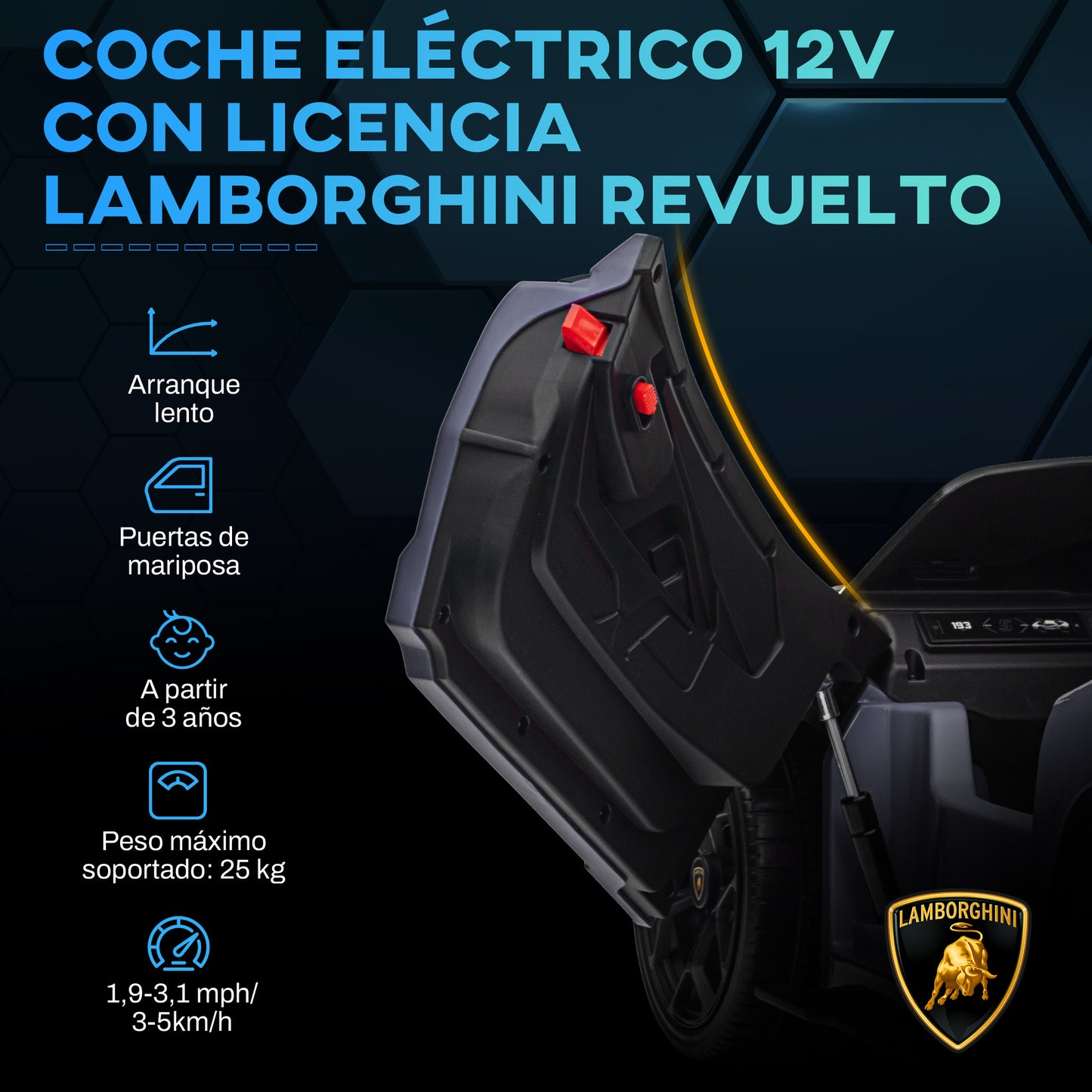 AIYAPLAY Coche Eléctrico para Niños de +3 Años Lamborghini Revuelto Carro Eléctrico Infantil con Batería 12V Mando a Distancia Faros LED Bocina Música y Ruedas Auxiliares Gris