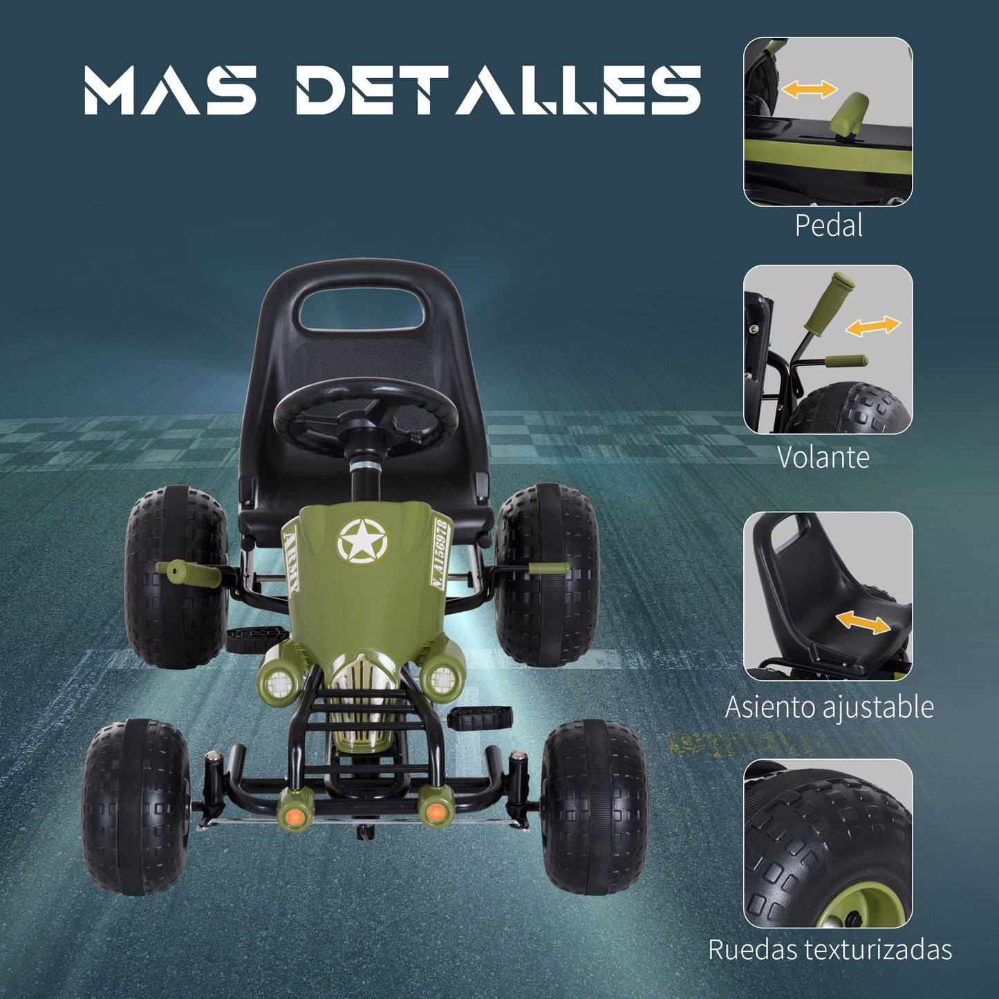 HOMCOM Go Kart Coche de Pedales Racing Deportivo con Asiento Ajustable Embrague y Freno para Niños 3-6 Años Carga 35kg 99x65x56cm Marco Acero Negro y Verde