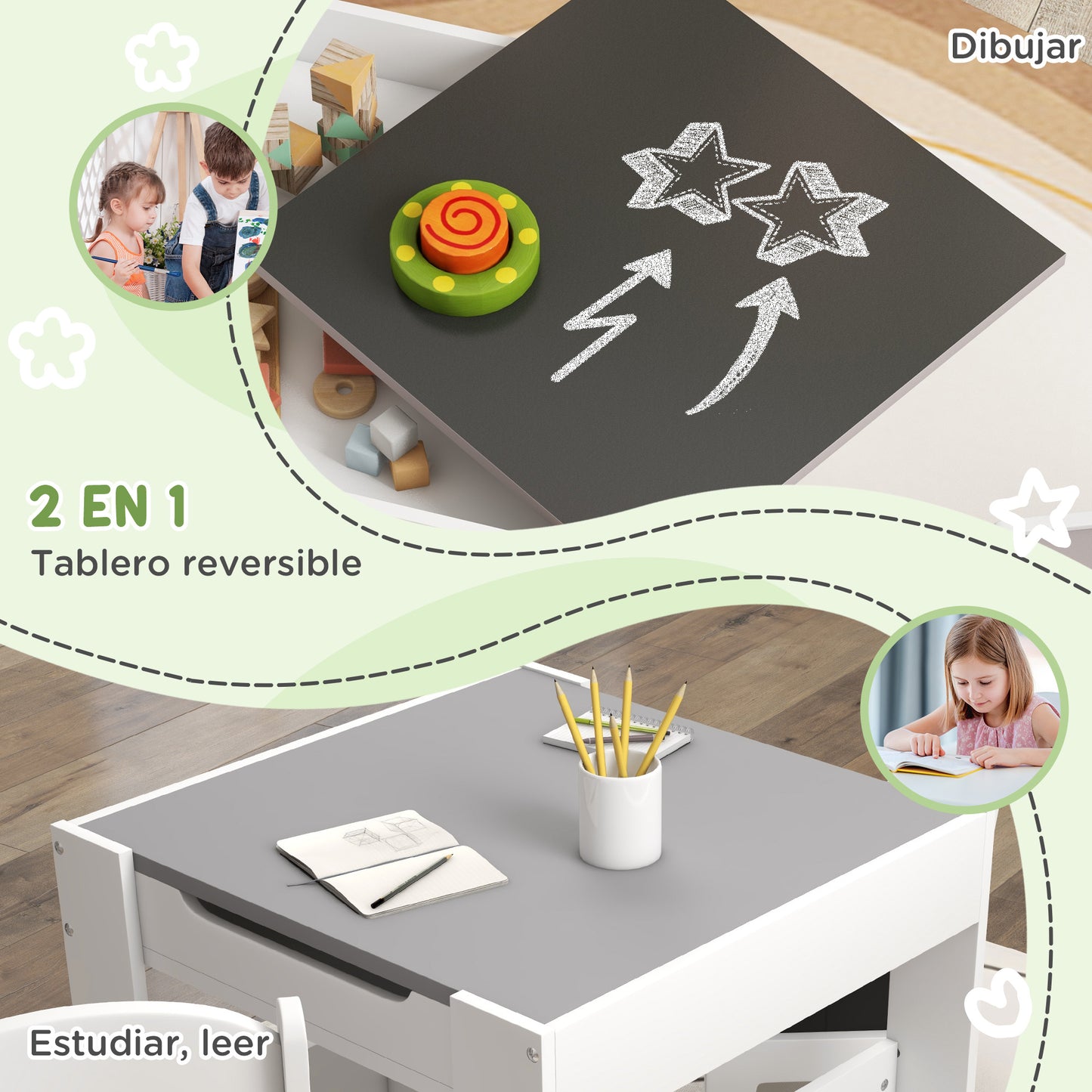 HOMCOM Juego de Mesa y 2 Sillas Infantiles Mesa con Sillas para Niños 2 en 1 con Pizarra Cajones de Tela y Espacio de Almacenamiento para Guardería Sala de Juegos Gris