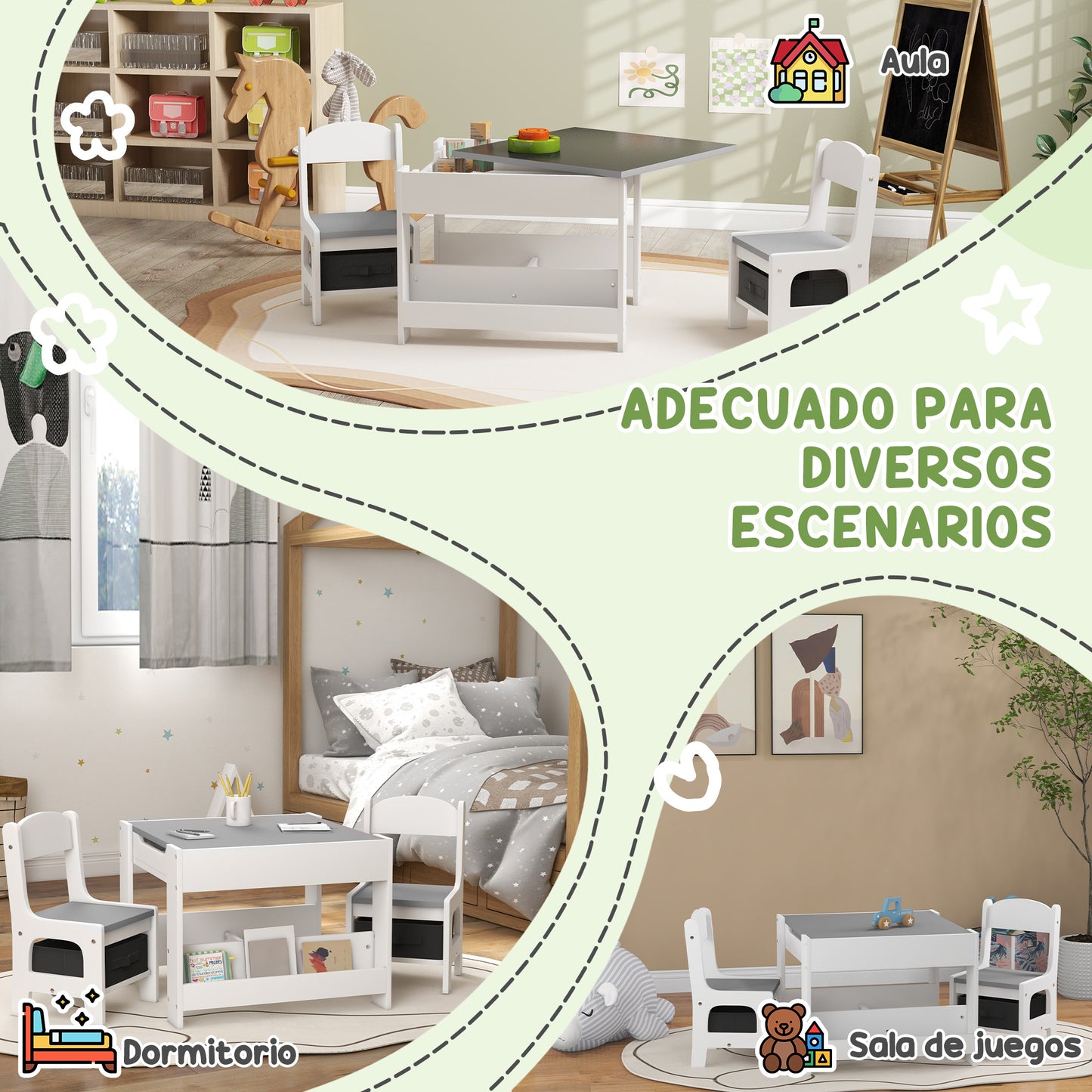 HOMCOM Juego de Mesa y 2 Sillas Infantiles Mesa con Sillas para Niños 2 en 1 con Pizarra Cajones de Tela y Espacio de Almacenamiento para Guardería Sala de Juegos Gris