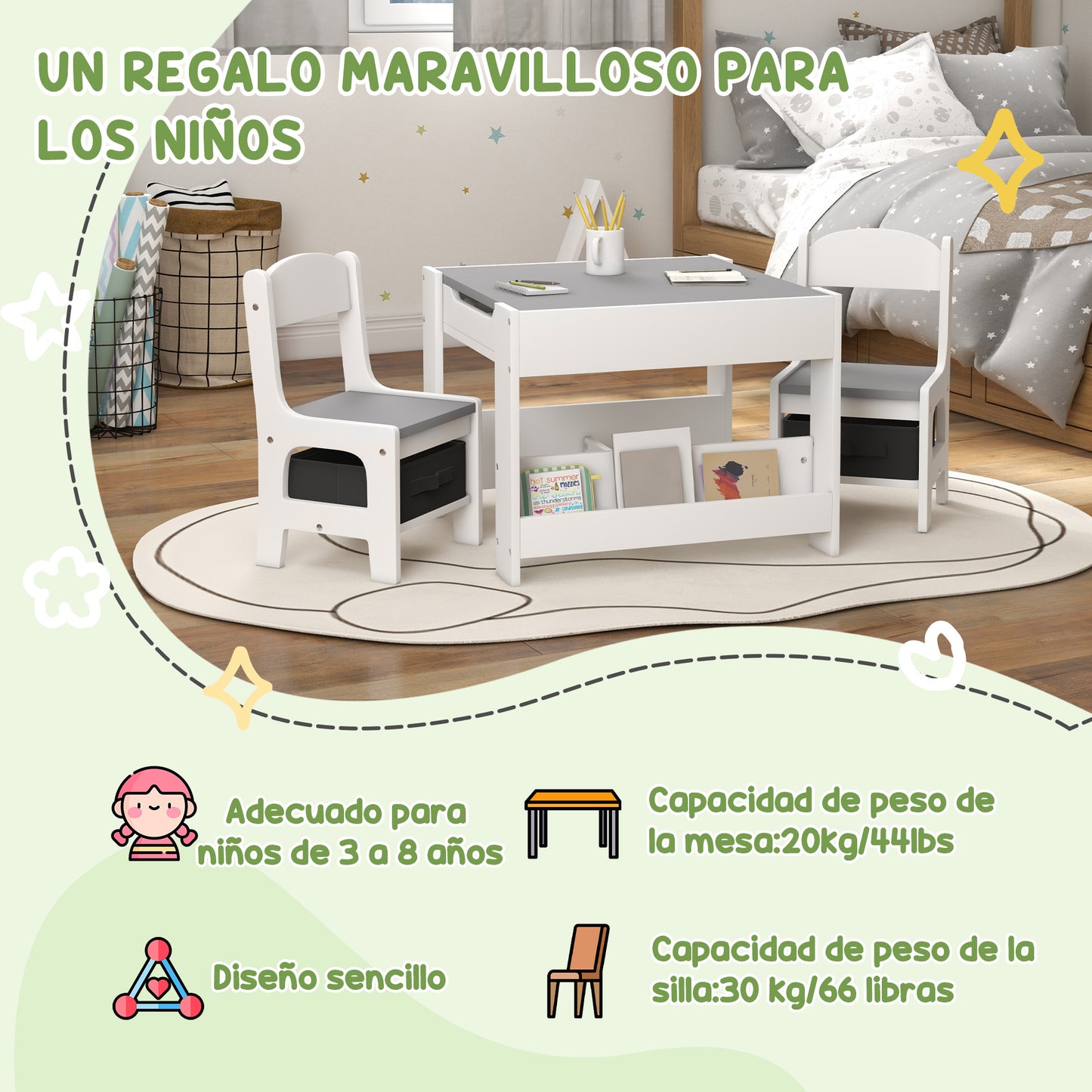 HOMCOM Juego de Mesa y 2 Sillas Infantiles Mesa con Sillas para Niños 2 en 1 con Pizarra Cajones de Tela y Espacio de Almacenamiento para Guardería Sala de Juegos Gris