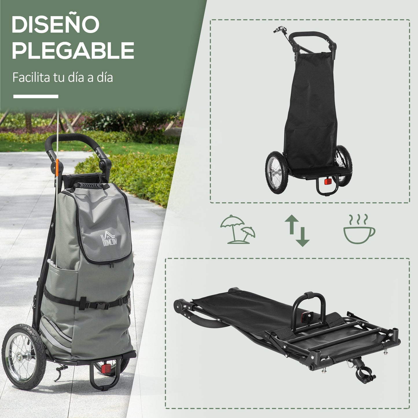 HOMCOM 2 en 1 Remolque de Bicicleta para Carga 22 kg Carro de la Compra Plegable con Bandera Mango de Empuje Desmontable 2 Bolsillos Laterales 2 Ruedas Marco de Acero y Reflectores 53x43x110 cm Gris