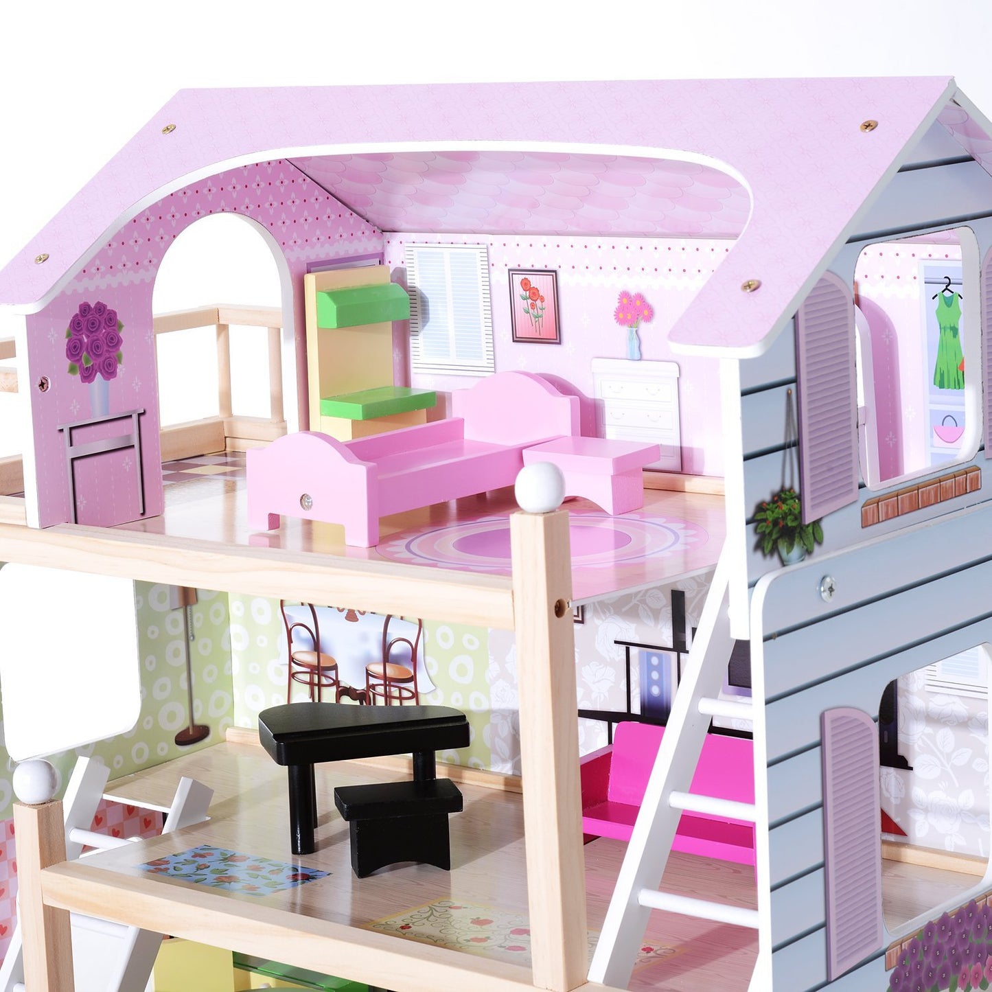 HOMCOM Casa de Muñecas de Madera con Muebles de 4 Niveles Altura 80,5 cm con 13 Accesorios Casita de Muñecas para Niñas Jueguete para Niños 60,5x30x80,5 cm Rosa