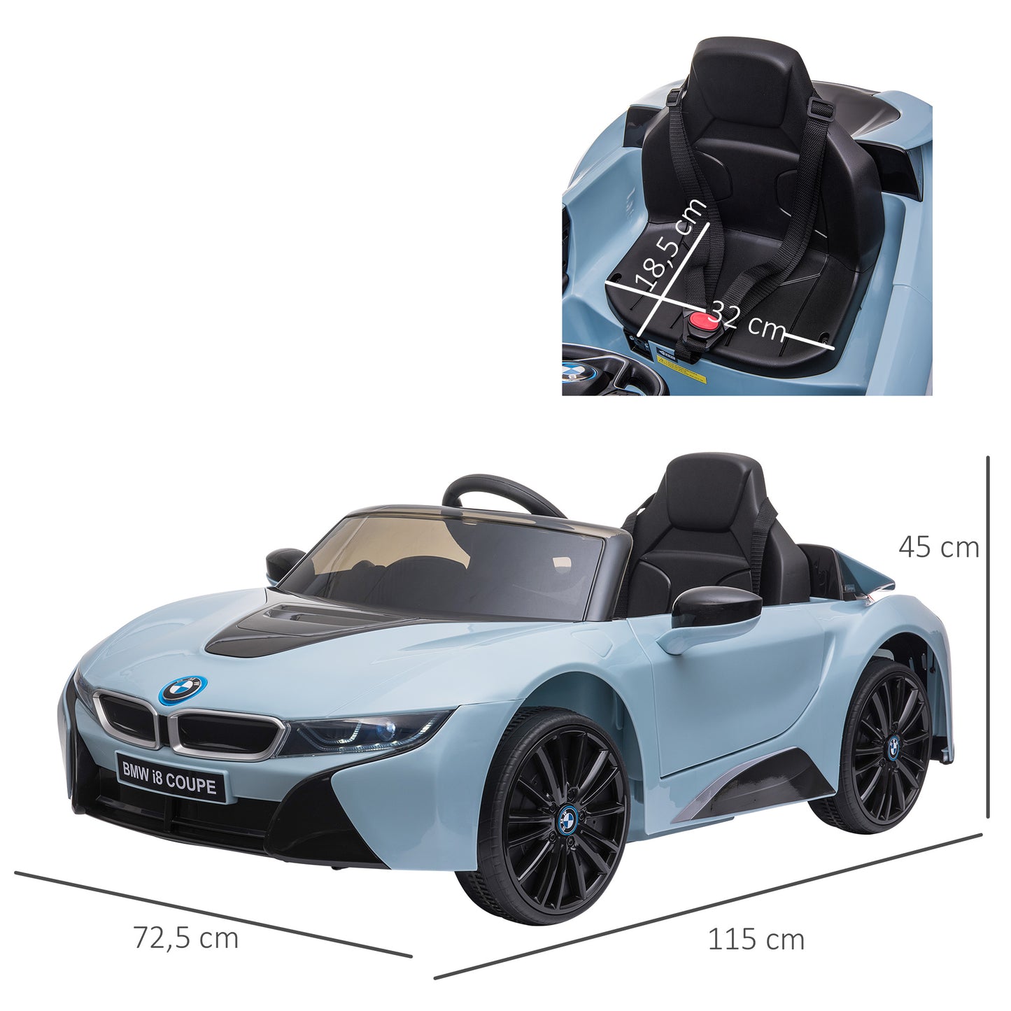 HOMCOM Coche Eléctrico BMW I8 COUPE con Licencia para Niños de +3 Años Batería 6V Control Remoto y Manual con Música MP3 Bocina y Faros 115x72,5x46 cm Azul