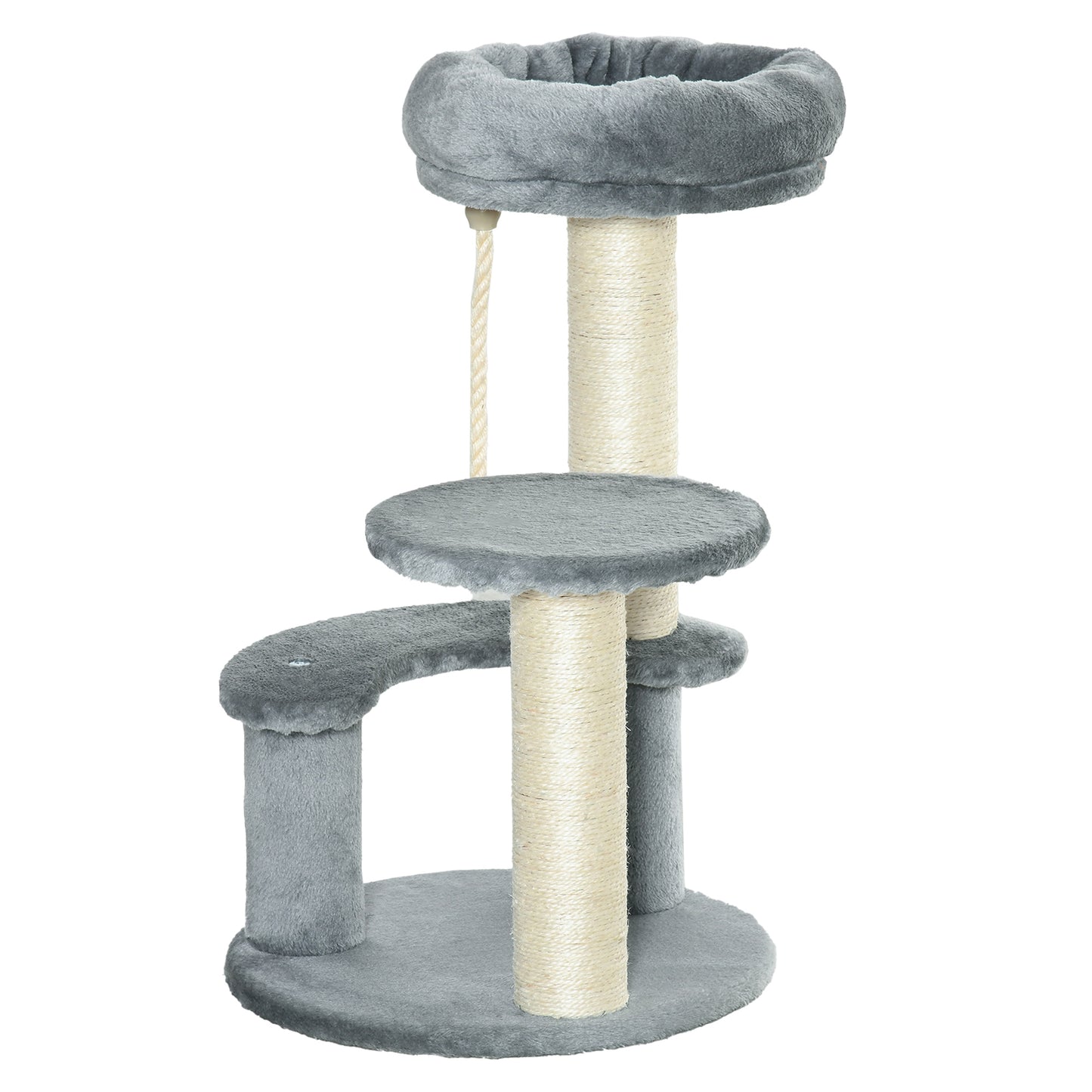 PawHut Árbol Rascador para Gato Ø40x65 cm Torre para Gatos con 3 Niveles Cuerda Colgante Plataformas en Felpa y Postes con Cuerda de Sisal Natural y Gris