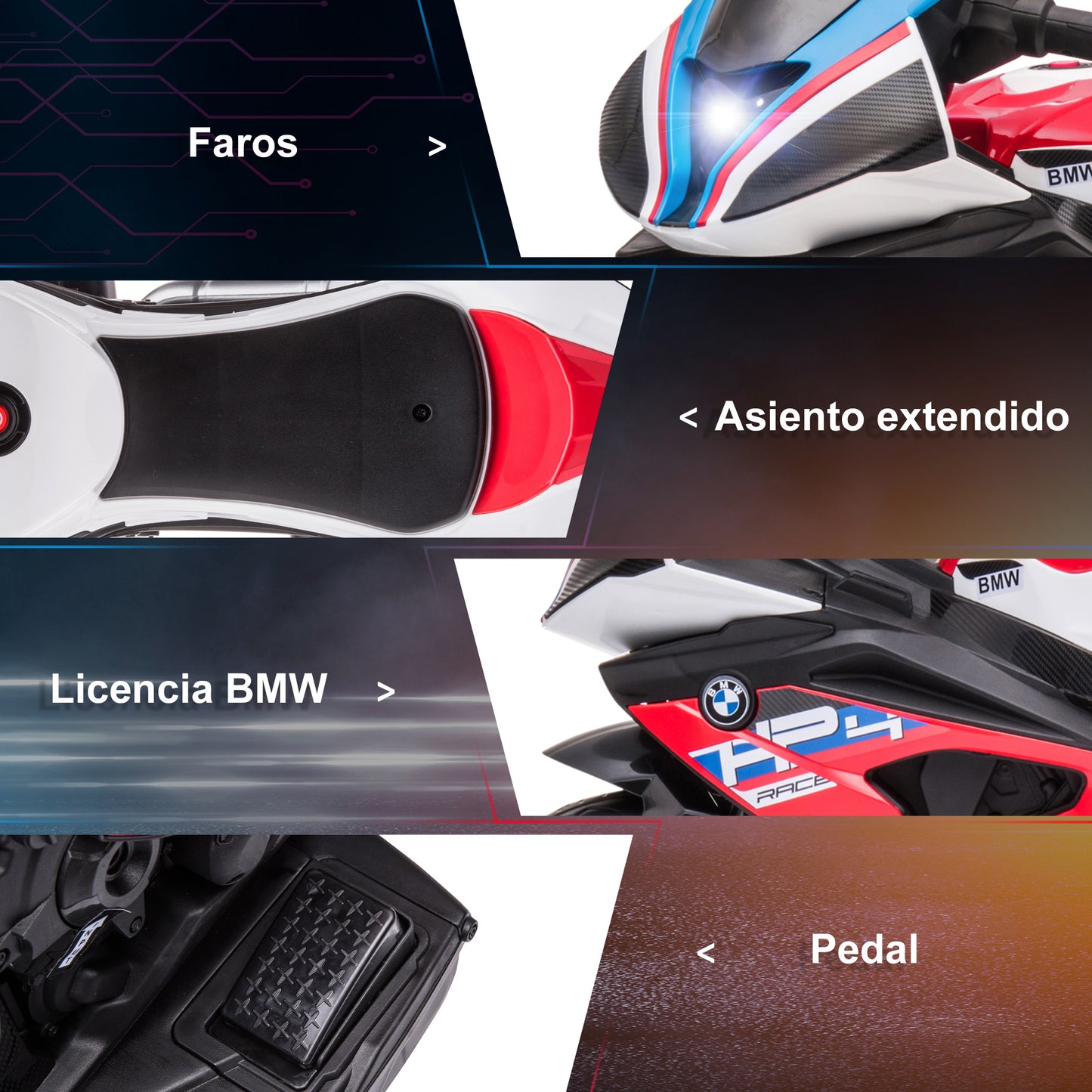 HOMCOM Moto Eléctrica BMW HP4 para Niños de +18 Meses Motocicleta de Batería 6V con Música USB Velocidad 2,5 km/h Avance y Retroceso Carga 30 kg 82,5x42x54 cm Rojo