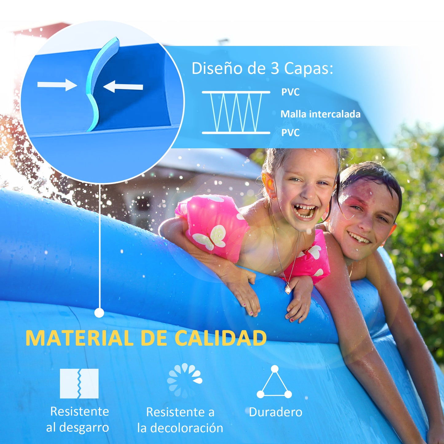 Outsunny Piscina Hinchable Redonda 4,000 Litros Ø274x76 cm Piscina Inflable Familiar para 3-4 Personas con Inflador de Mano para Jardín Patio Exterior Azul