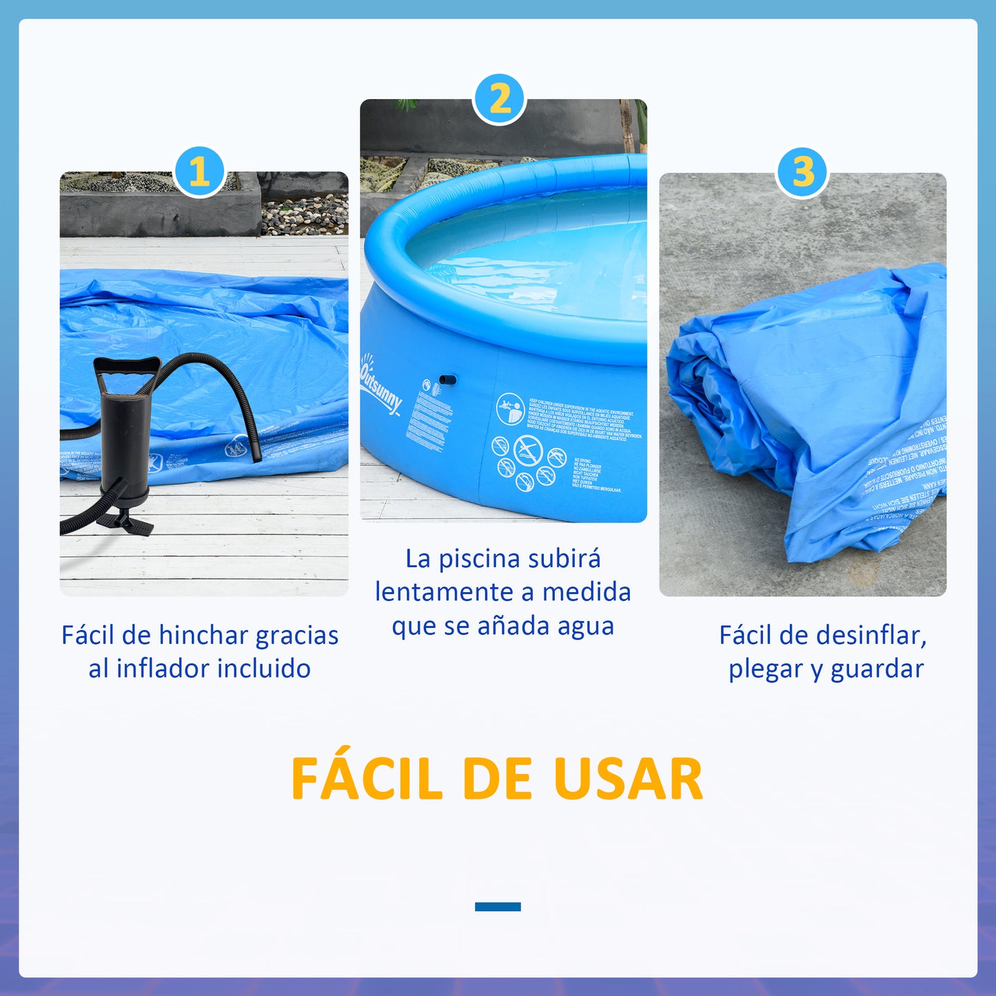 Outsunny Piscina Hinchable Redonda 4,000 Litros Ø274x76 cm Piscina Inflable Familiar para 3-4 Personas con Inflador de Mano para Jardín Patio Exterior Azul