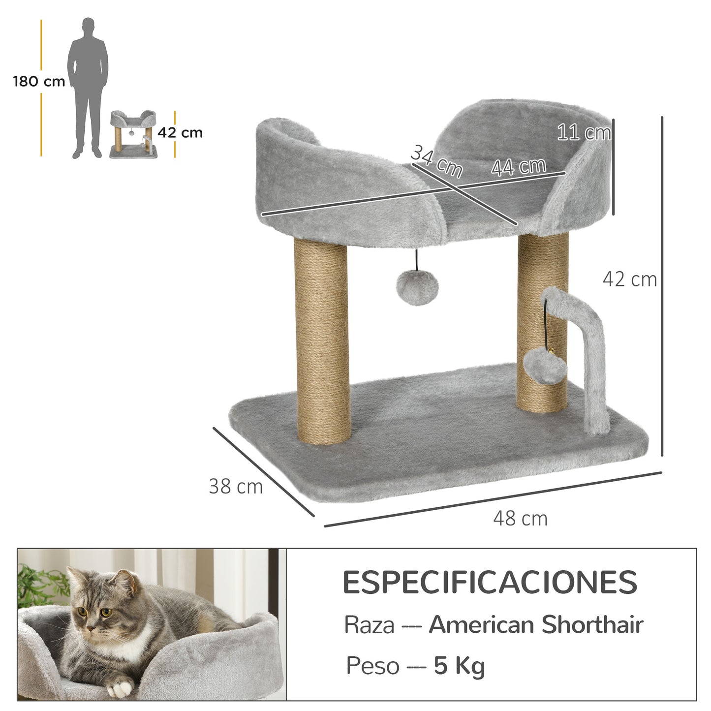 PawHut Árbol Rascador para Gatos Pequeños Altura 42 cm Árbol para Gatos con Nido Bolas Colgantes y Postes de Sisal 48x38x42 cm Gris Claro