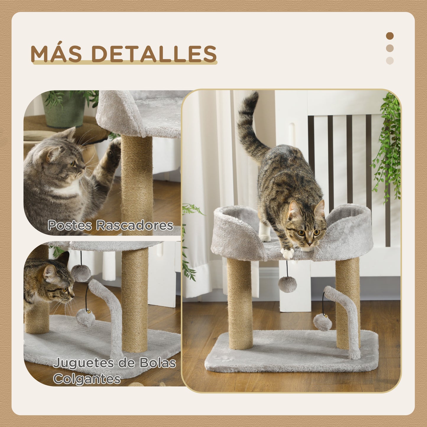 PawHut Árbol Rascador para Gatos Pequeños Altura 42 cm Árbol para Gatos con Nido Bolas Colgantes y Postes de Sisal 48x38x42 cm Gris Claro