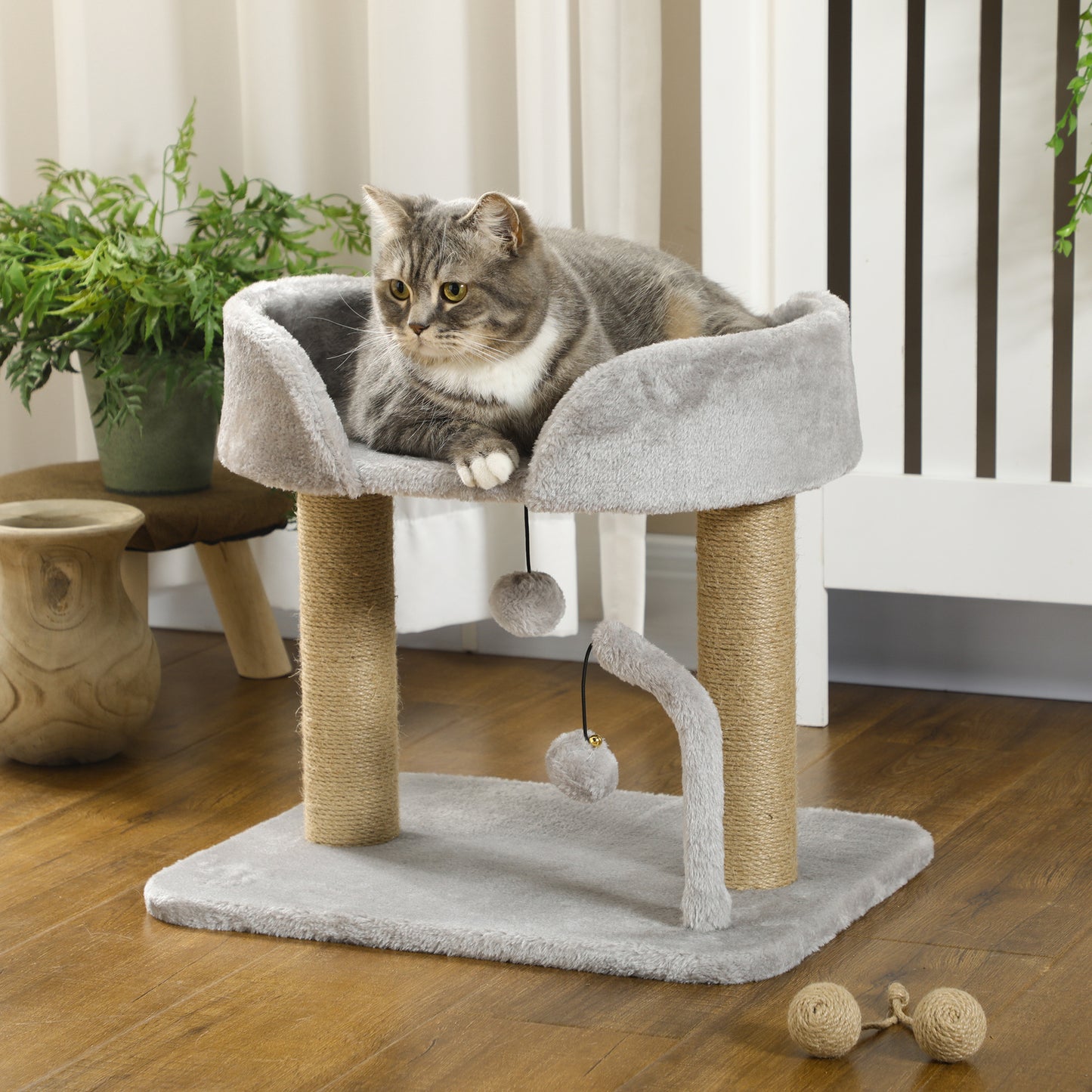 PawHut Árbol Rascador para Gatos Pequeños Altura 42 cm Árbol para Gatos con Nido Bolas Colgantes y Postes de Sisal 48x38x42 cm Gris Claro