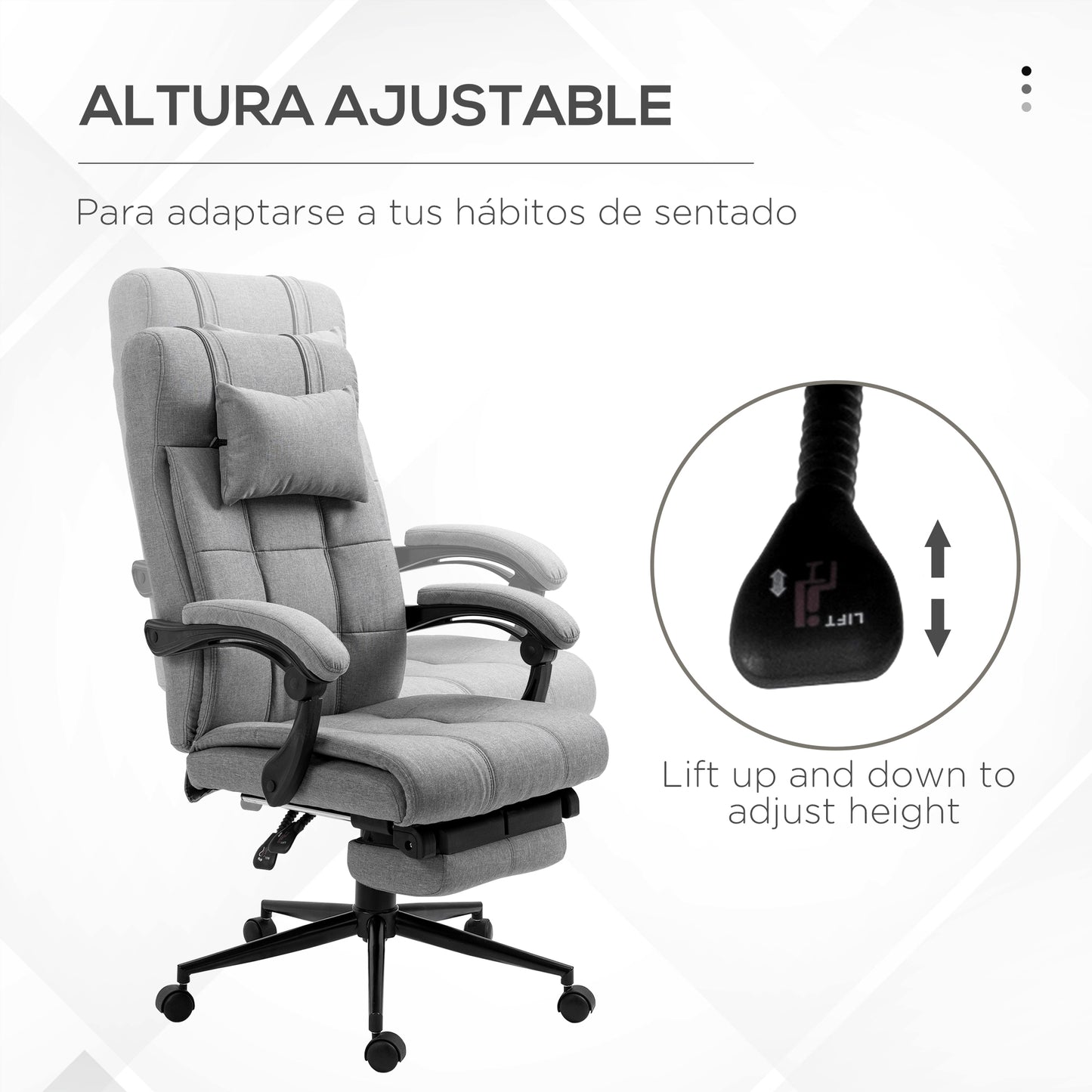 Vinsetto Silla de Oficina Reclinable Silla de Escritorio Giratoria Tapizado de Tela con Altura Ajustable Reposapiés Reposacabezas y Reposabrazos Carga 120 kg para Estudio 66x76x116-124 cm Gris