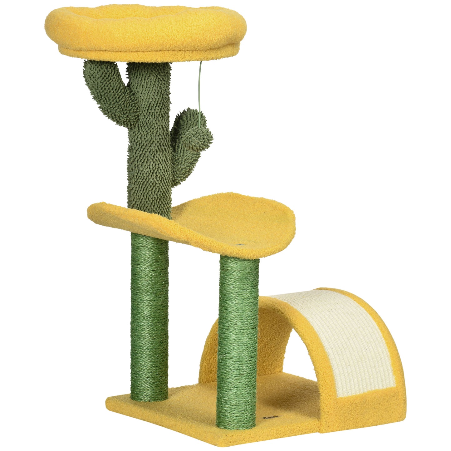 PawHut Árbol Rascador para Gatos de 72 cm Torre para Gatos Centro de Actividades para Gatitos con Cama Poste de Sisal Rascadora Curva y Bola Colgante 40x35x72 cm Amarillo