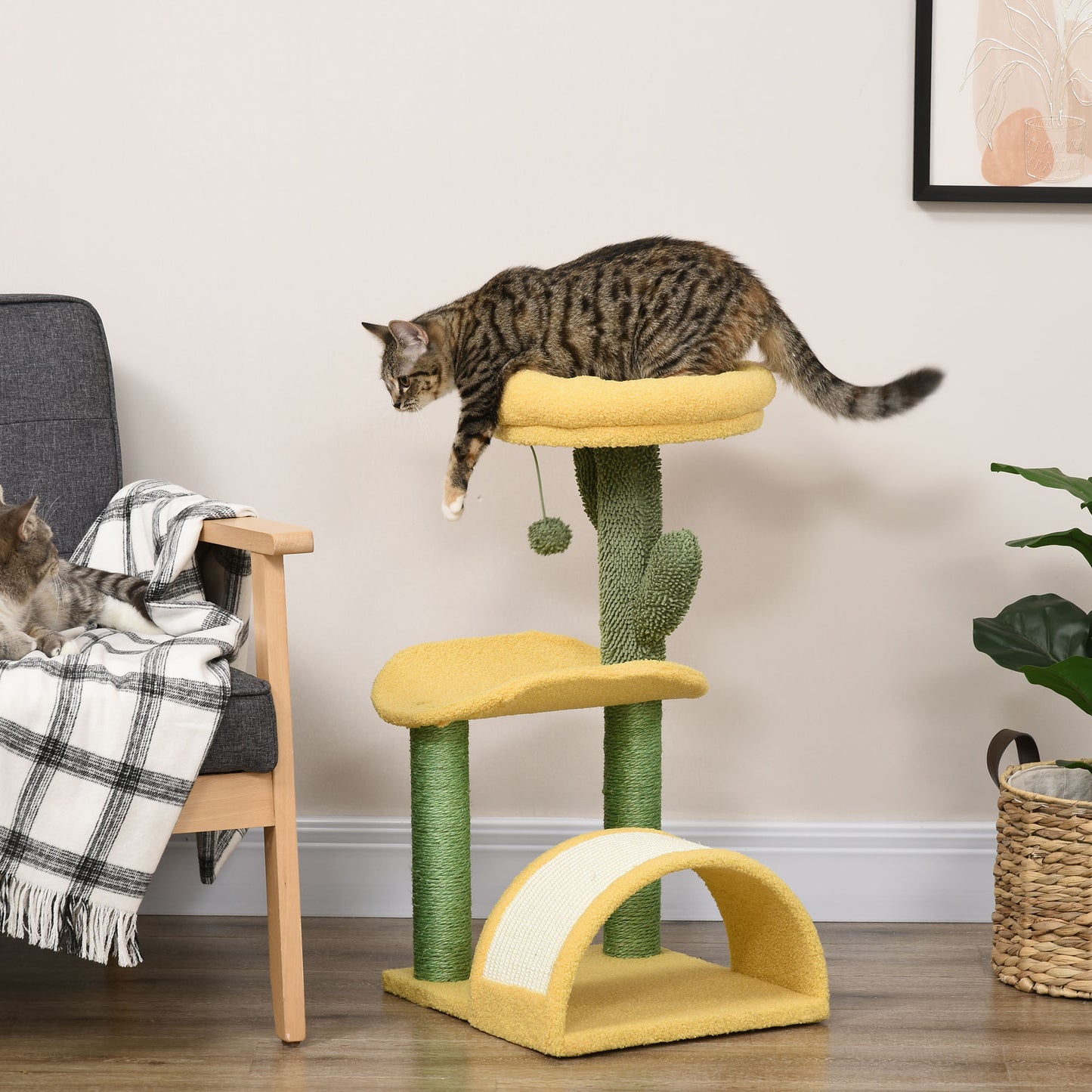 PawHut Árbol Rascador para Gatos de 72 cm Torre para Gatos Centro de Actividades para Gatitos con Cama Poste de Sisal Rascadora Curva y Bola Colgante 40x35x72 cm Amarillo