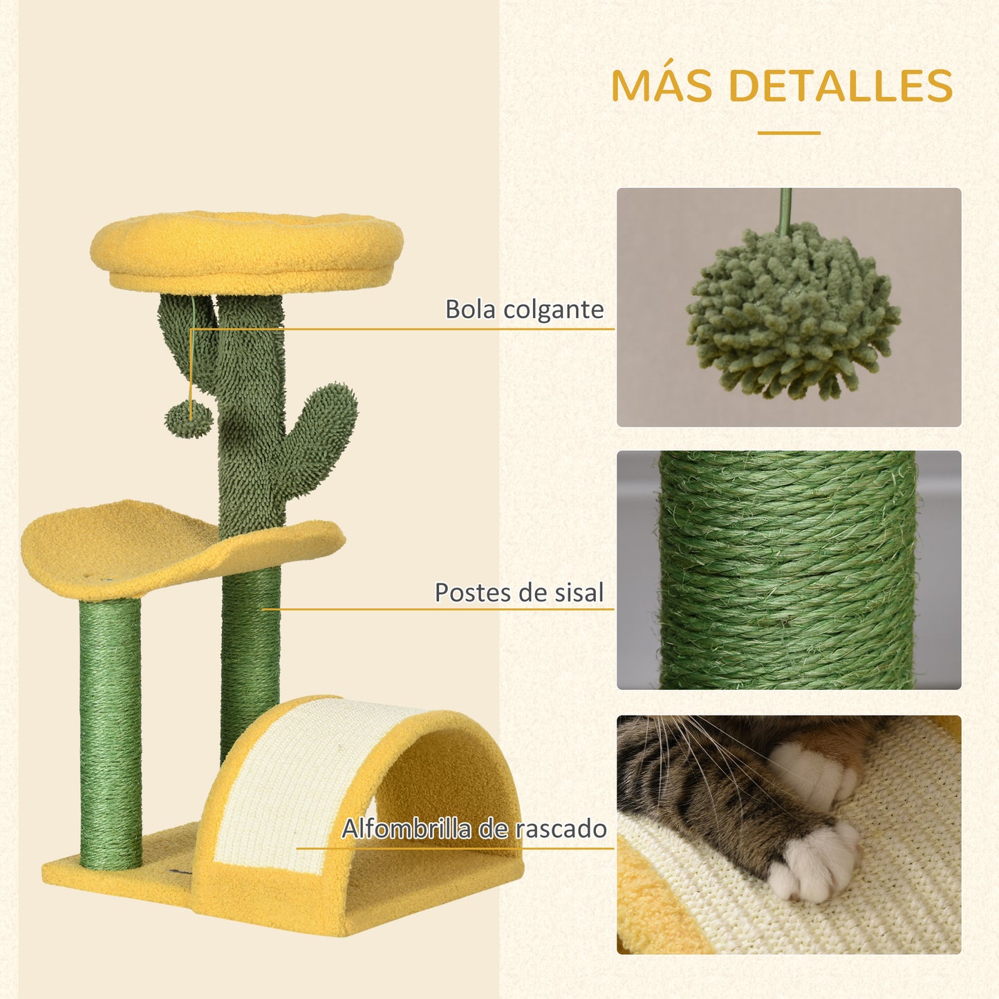 PawHut Árbol Rascador para Gatos de 72 cm Torre para Gatos Centro de Actividades para Gatitos con Cama Poste de Sisal Rascadora Curva y Bola Colgante 40x35x72 cm Amarillo