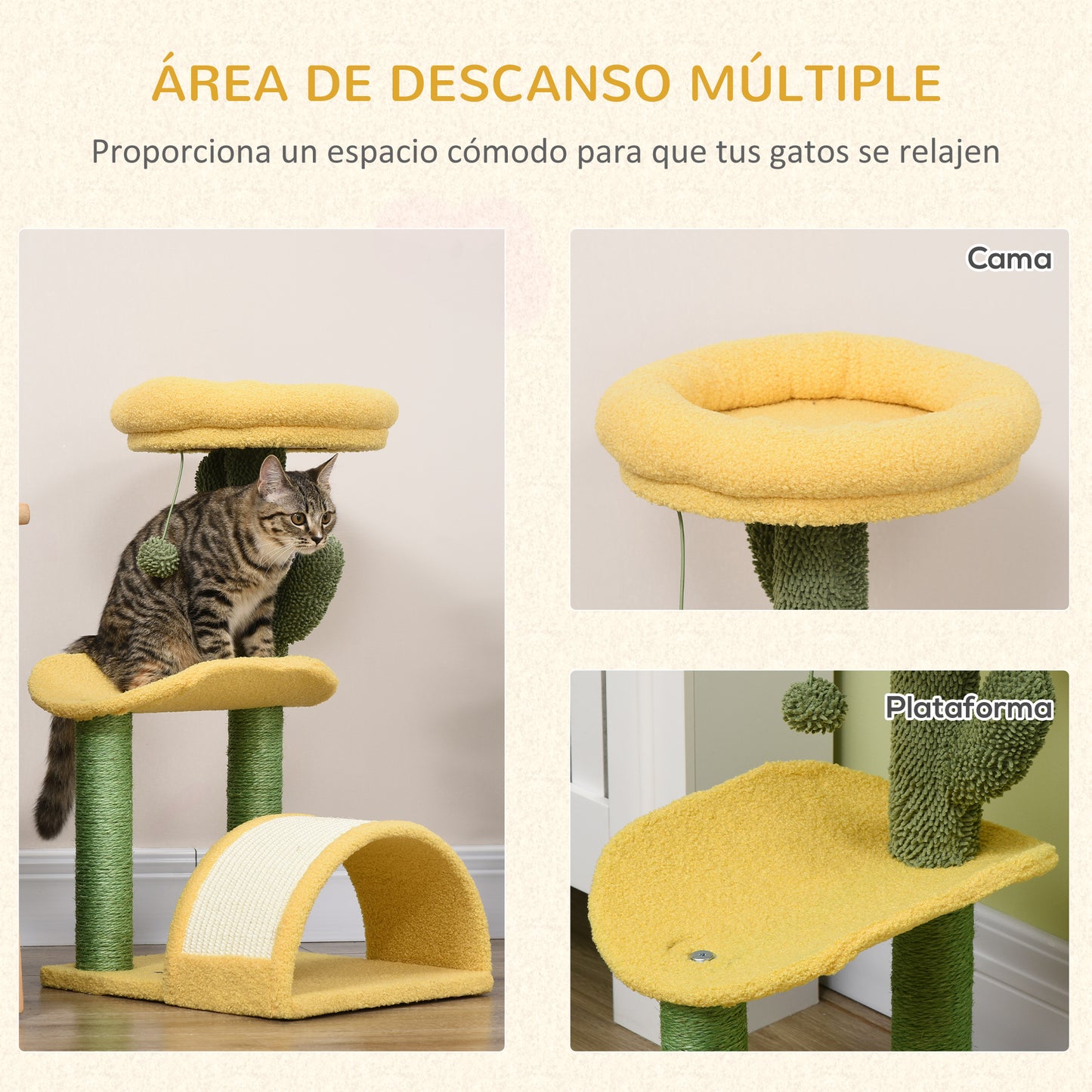 PawHut Árbol Rascador para Gatos de 72 cm Torre para Gatos Centro de Actividades para Gatitos con Cama Poste de Sisal Rascadora Curva y Bola Colgante 40x35x72 cm Amarillo