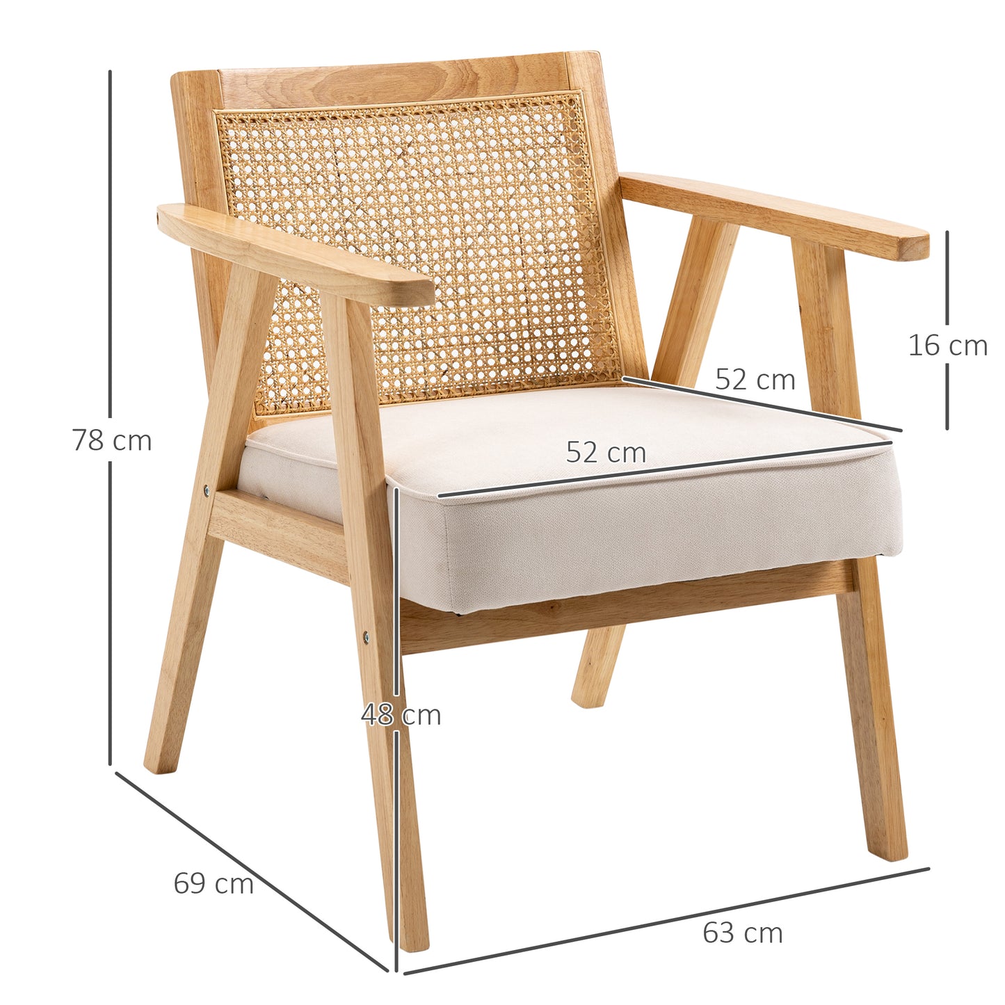 HOMCOM Butaca de Salón Sillón de Salón con Reposabrazos Respaldo de Ratán y Marco de Madera de Caucho Butaca para Dormitorio Sala de Estar Carga 120 kg Natural y Beige