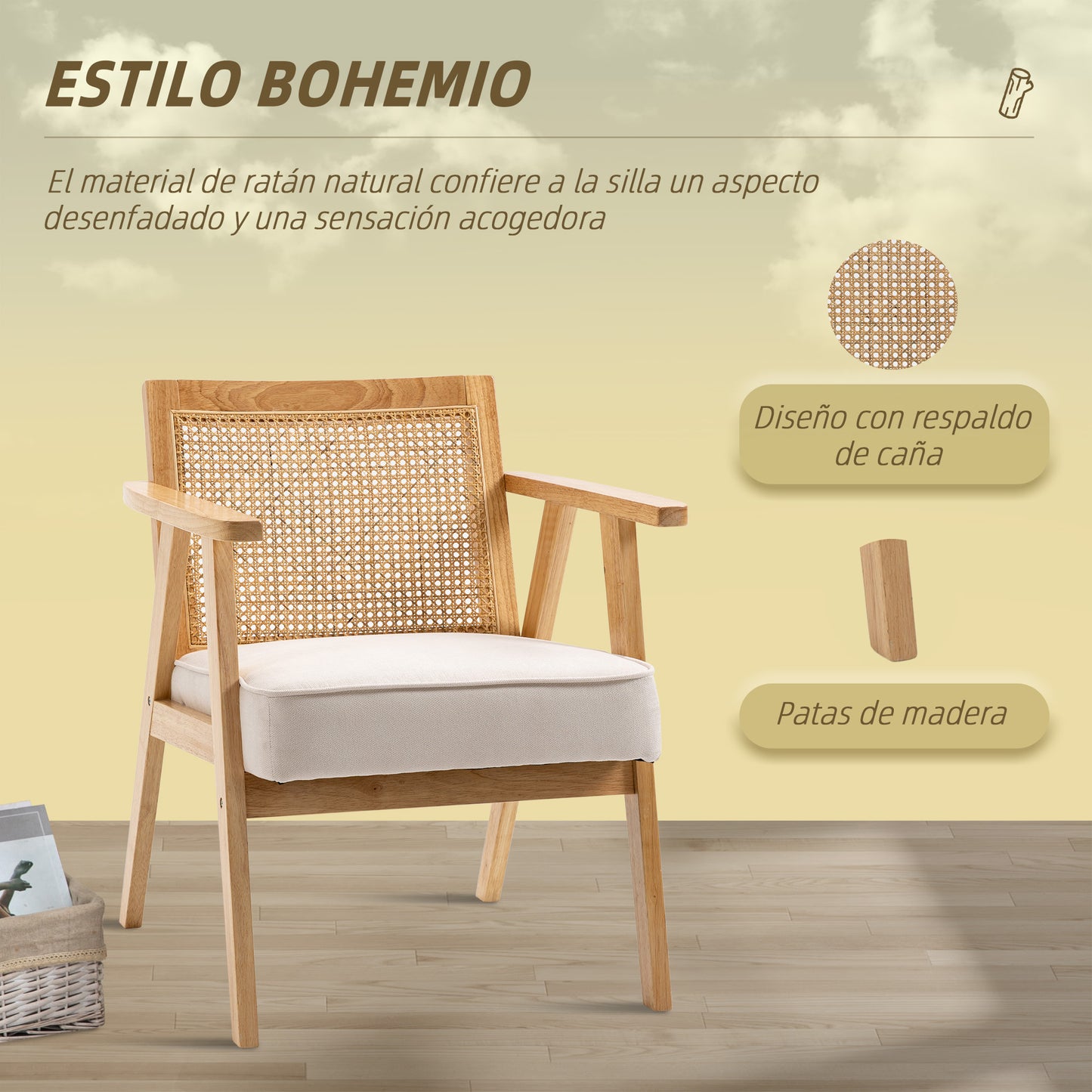 HOMCOM Butaca de Salón Sillón de Salón con Reposabrazos Respaldo de Ratán y Marco de Madera de Caucho Butaca para Dormitorio Sala de Estar Carga 120 kg Natural y Beige