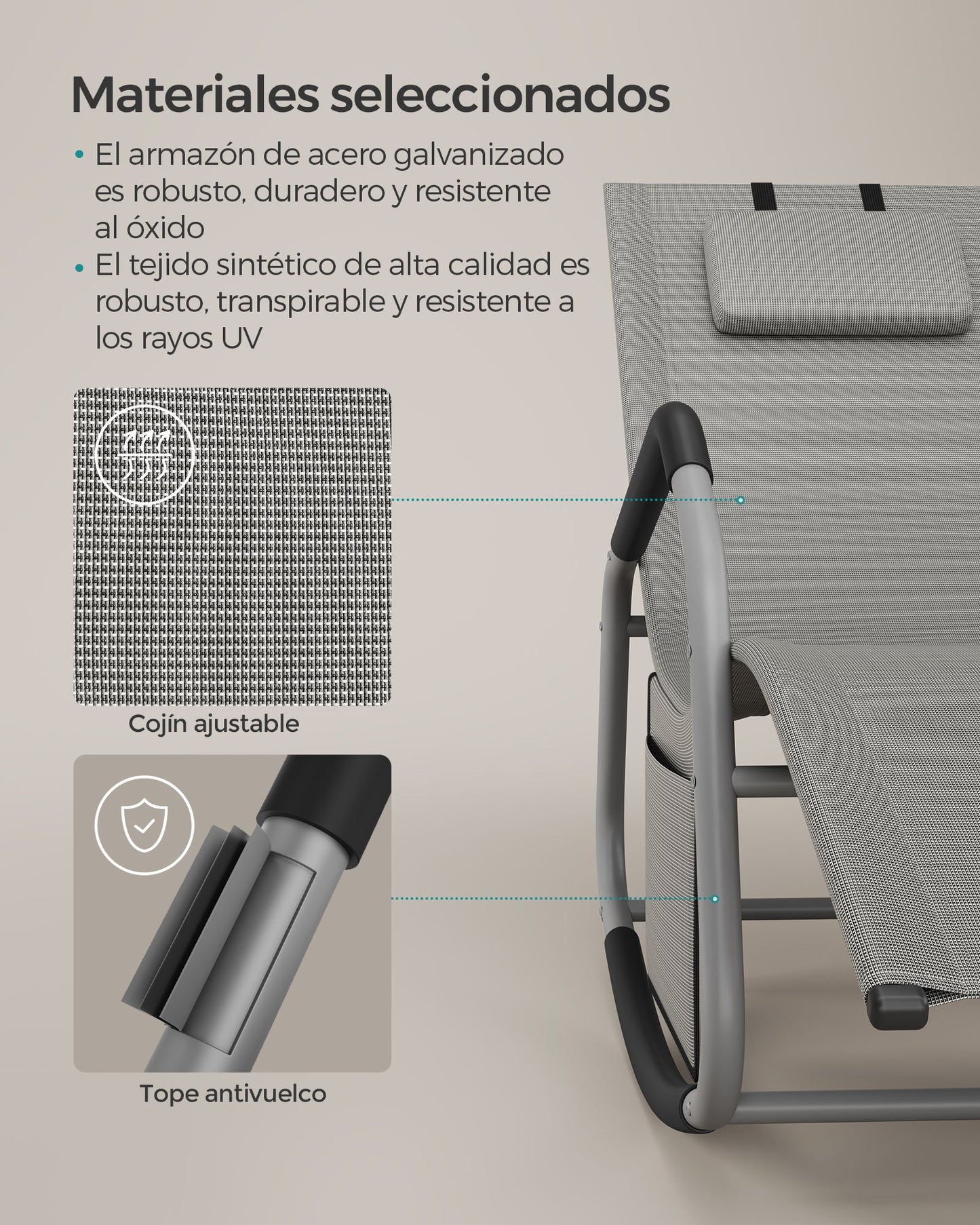 Mecedora Silla Tumbona con Cojín Ajustable Gris Paloma-SONGMICS