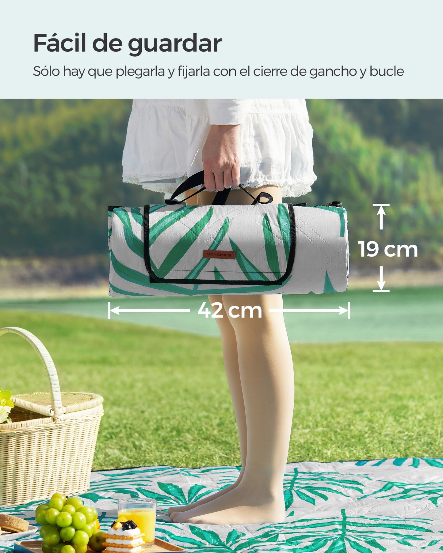 Manta de Picnic 300 x 200 cm Motivo de Helechos y Gris-SONGMICS