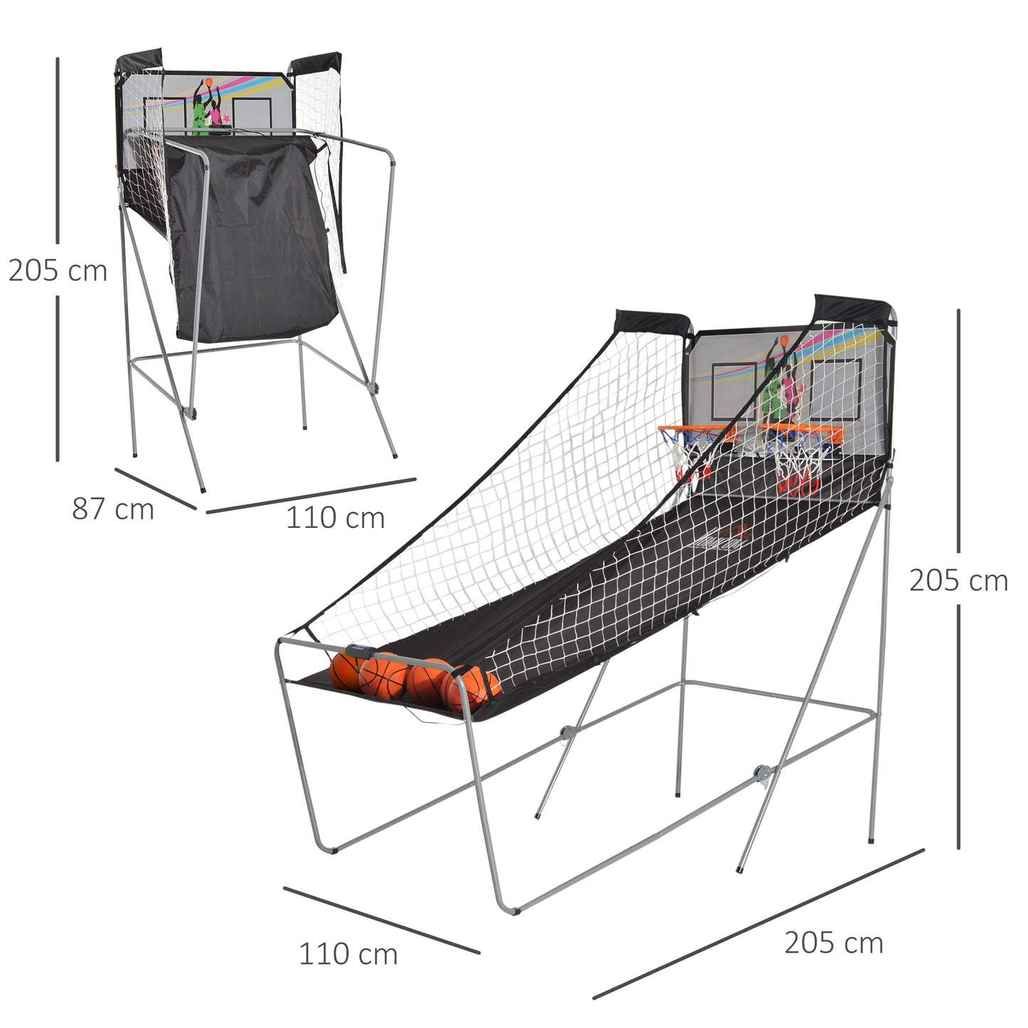 HOMCOM Juego de Canastas de Baloncesto Plegables y Portátiles con Contador Electrónico Doble y 4 Pelotas de Baloncesto con Soporte de Acero y Color Negro y Blanco 205x110x205cm (PxANxAL)