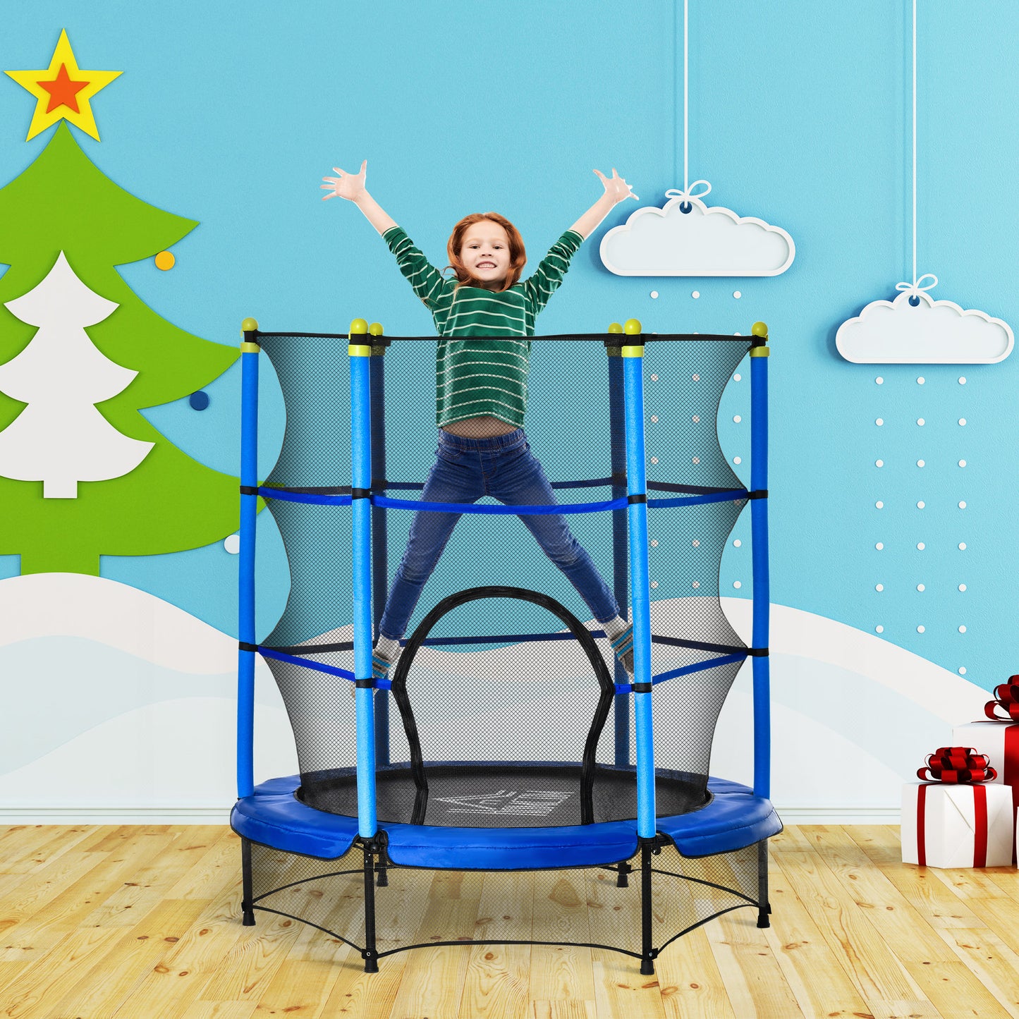 HOMCOM Trampolín para Niños de +3 Años Ø140x160 cm Cama Elástica de Salto Infantil con Red de Seguridad y Marco Acero para Interiores y Exteriores Carga 45 kg Azul