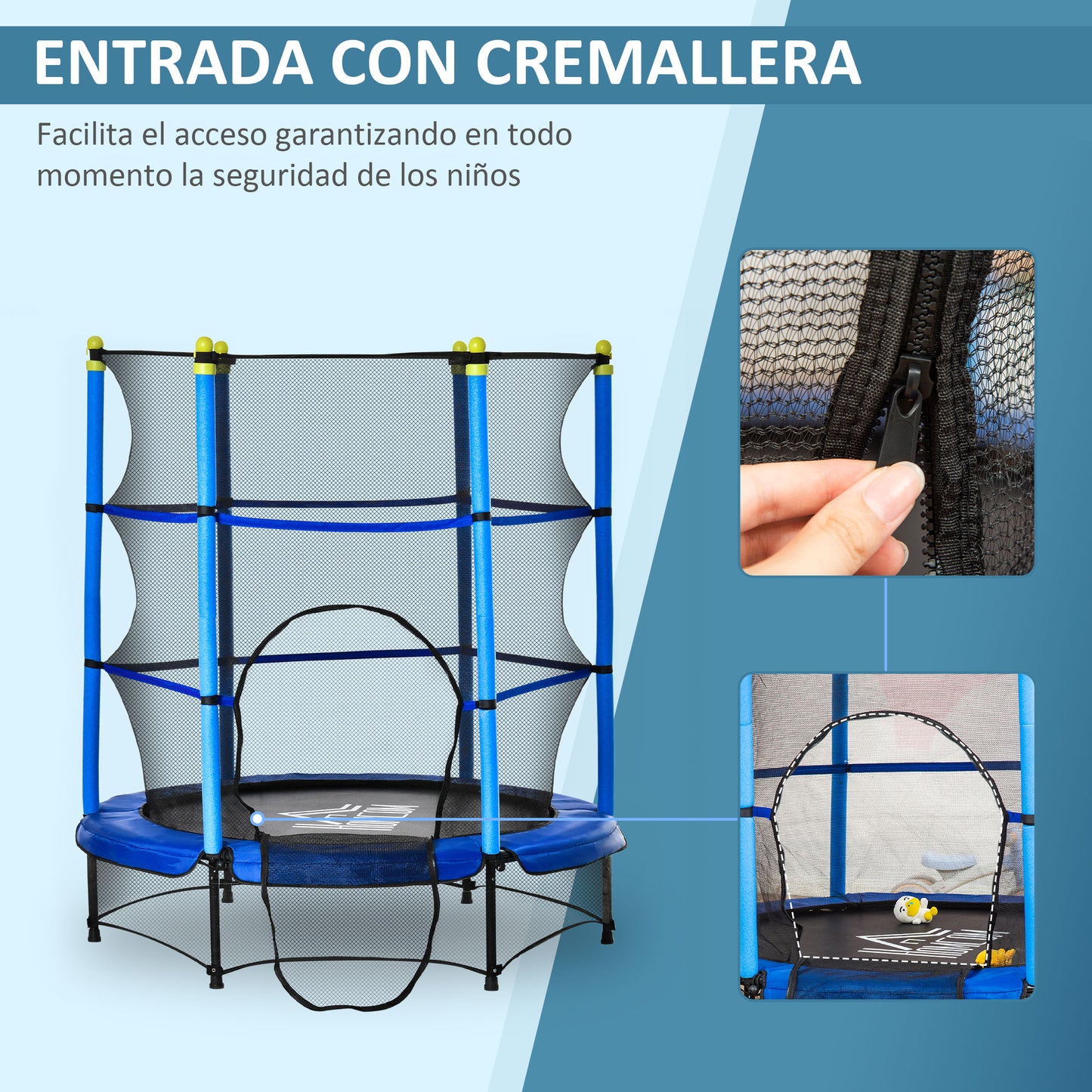 HOMCOM Trampolín para Niños de +3 Años Ø140x160 cm Cama Elástica de Salto Infantil con Red de Seguridad y Marco Acero para Interiores y Exteriores Carga 45 kg Azul