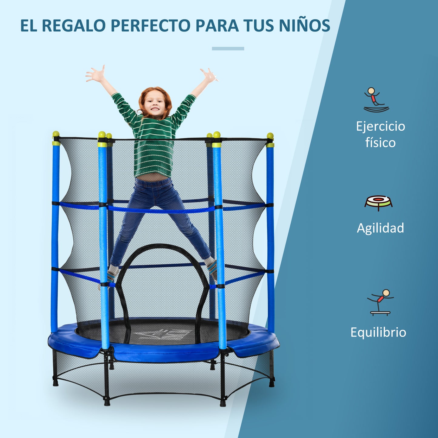 HOMCOM Trampolín para Niños de +3 Años Ø140x160 cm Cama Elástica de Salto Infantil con Red de Seguridad y Marco Acero para Interiores y Exteriores Carga 45 kg Azul