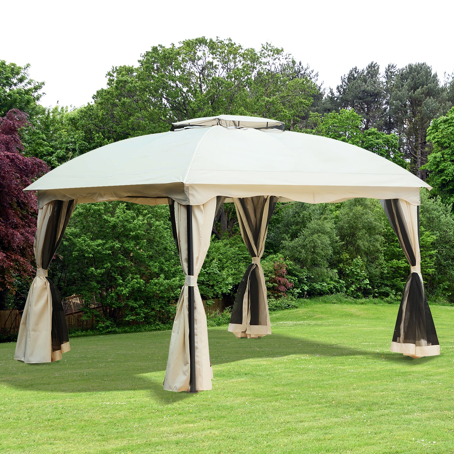 Outsunny Cenador de Jardín 3x3,7x2,8 m Gazebo Pabellón de Exterior con Techo 4 Paredes Laterales 4 Mosquiteras Gancho y Marco Metálico para Patio Crema