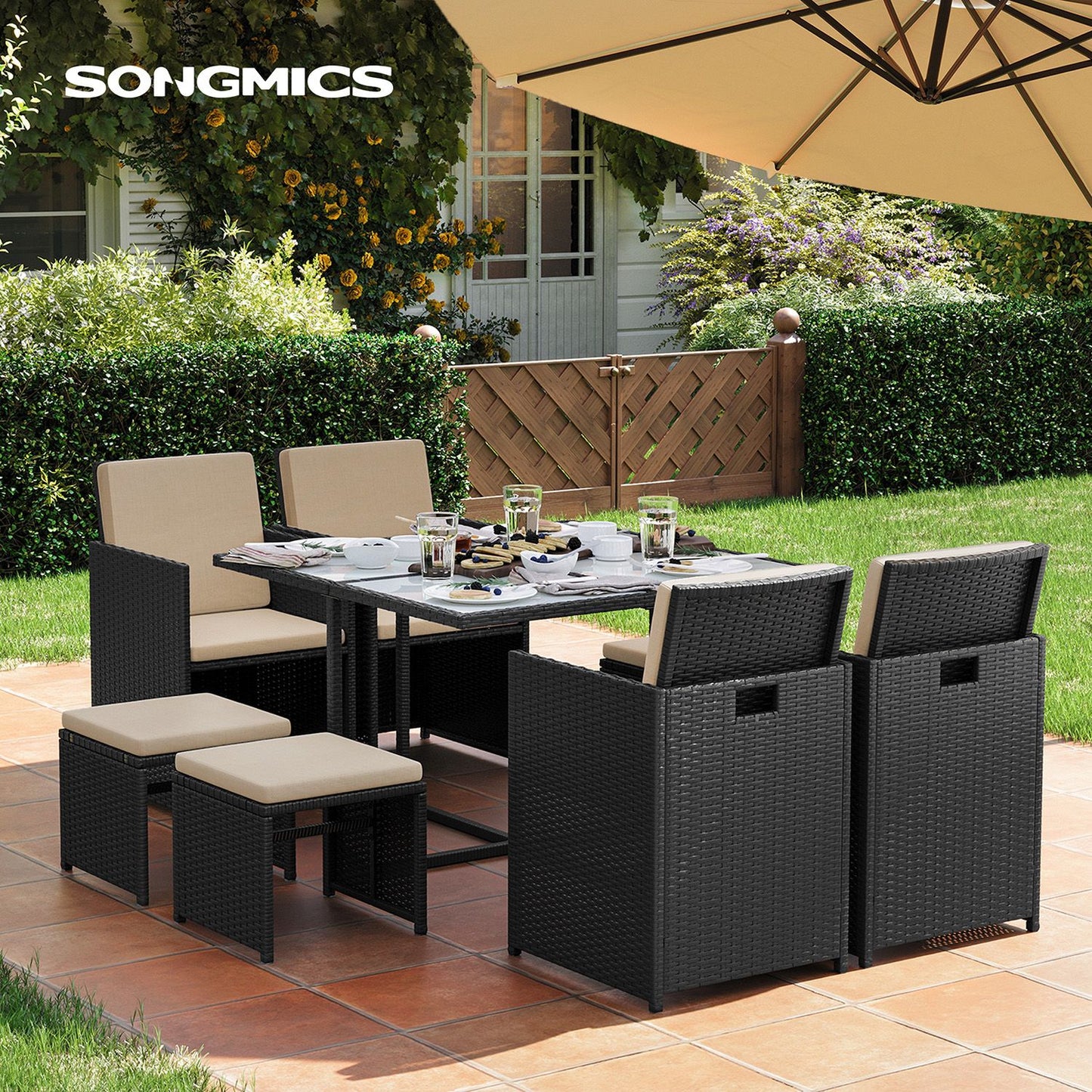 Conjunto de Muebles de Jardín Juego de 9 Negro y Beige-SONGMICS