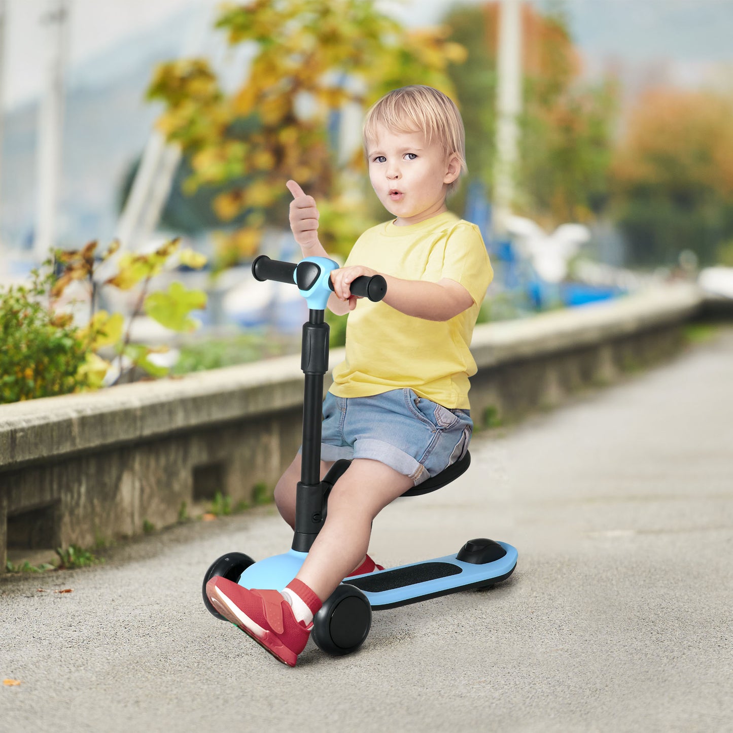 AIYAPLAY Patinete para Niños 2 en 1 Patinete Infantil Asiento Plegable con Altura Ajustable 3 Ruedas Brillantes para +18 Meses Carga 50 kg 58x31x64-79 cm Azul