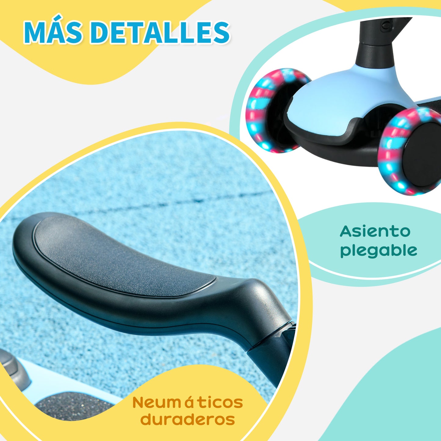 AIYAPLAY Patinete para Niños 2 en 1 Patinete Infantil Asiento Plegable con Altura Ajustable 3 Ruedas Brillantes para +18 Meses Carga 50 kg 58x31x64-79 cm Azul