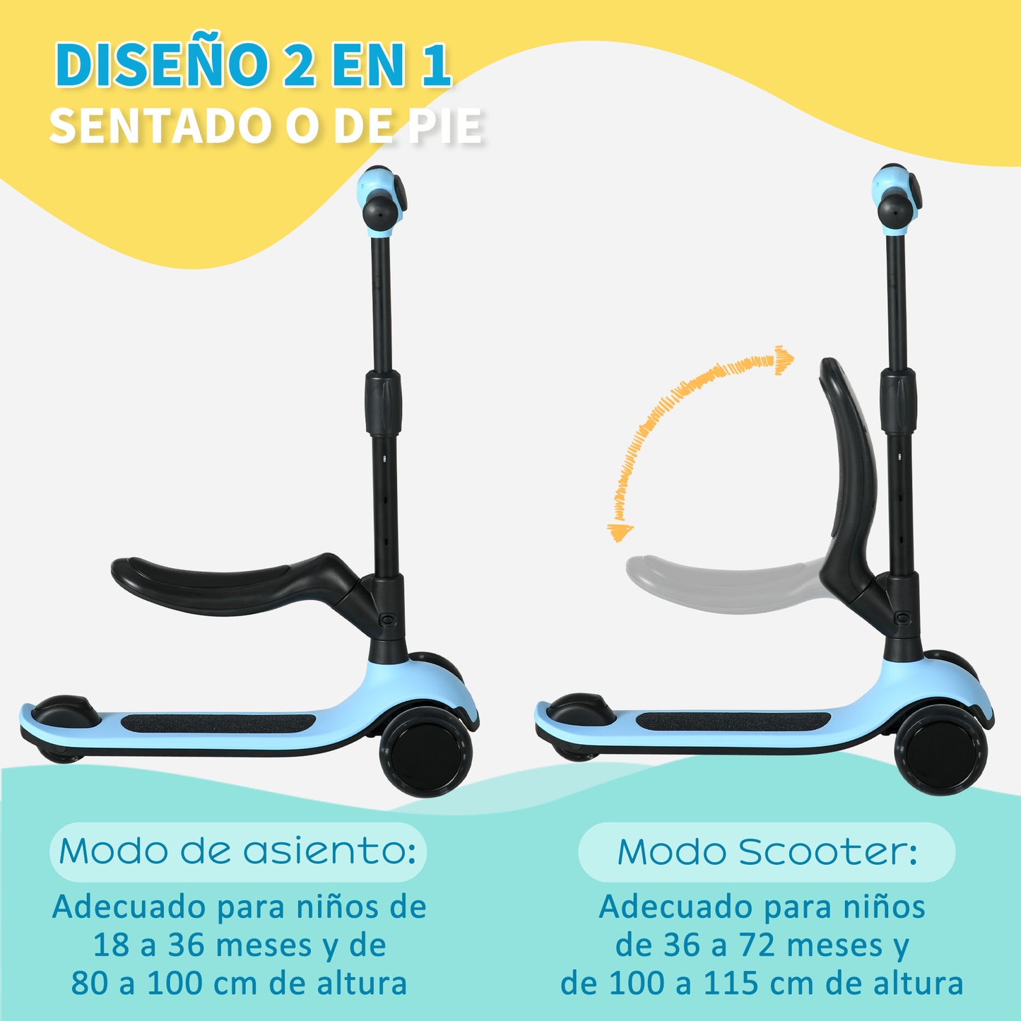 AIYAPLAY Patinete para Niños 2 en 1 Patinete Infantil Asiento Plegable con Altura Ajustable 3 Ruedas Brillantes para +18 Meses Carga 50 kg 58x31x64-79 cm Azul