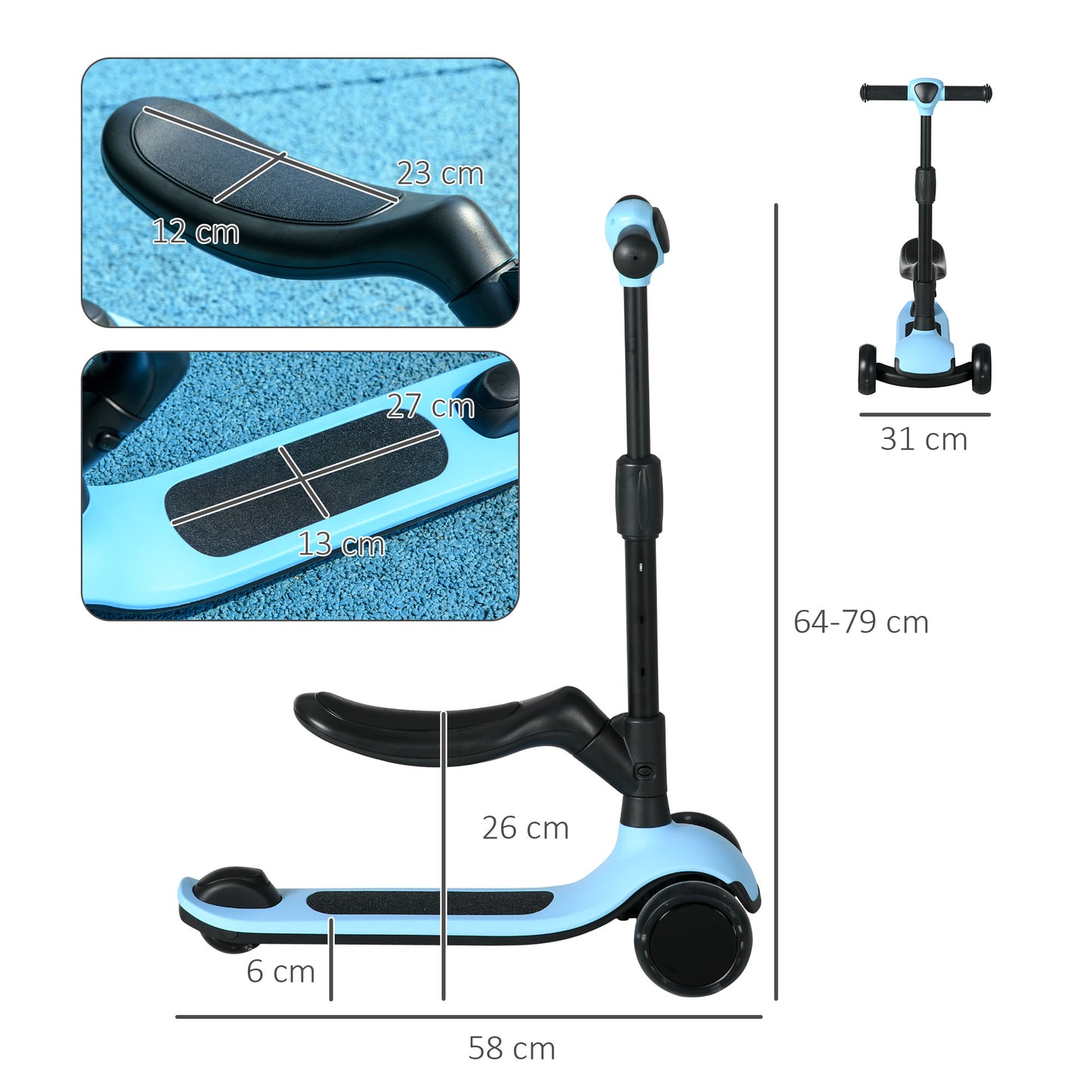 AIYAPLAY Patinete para Niños 2 en 1 Patinete Infantil Asiento Plegable con Altura Ajustable 3 Ruedas Brillantes para +18 Meses Carga 50 kg 58x31x64-79 cm Azul