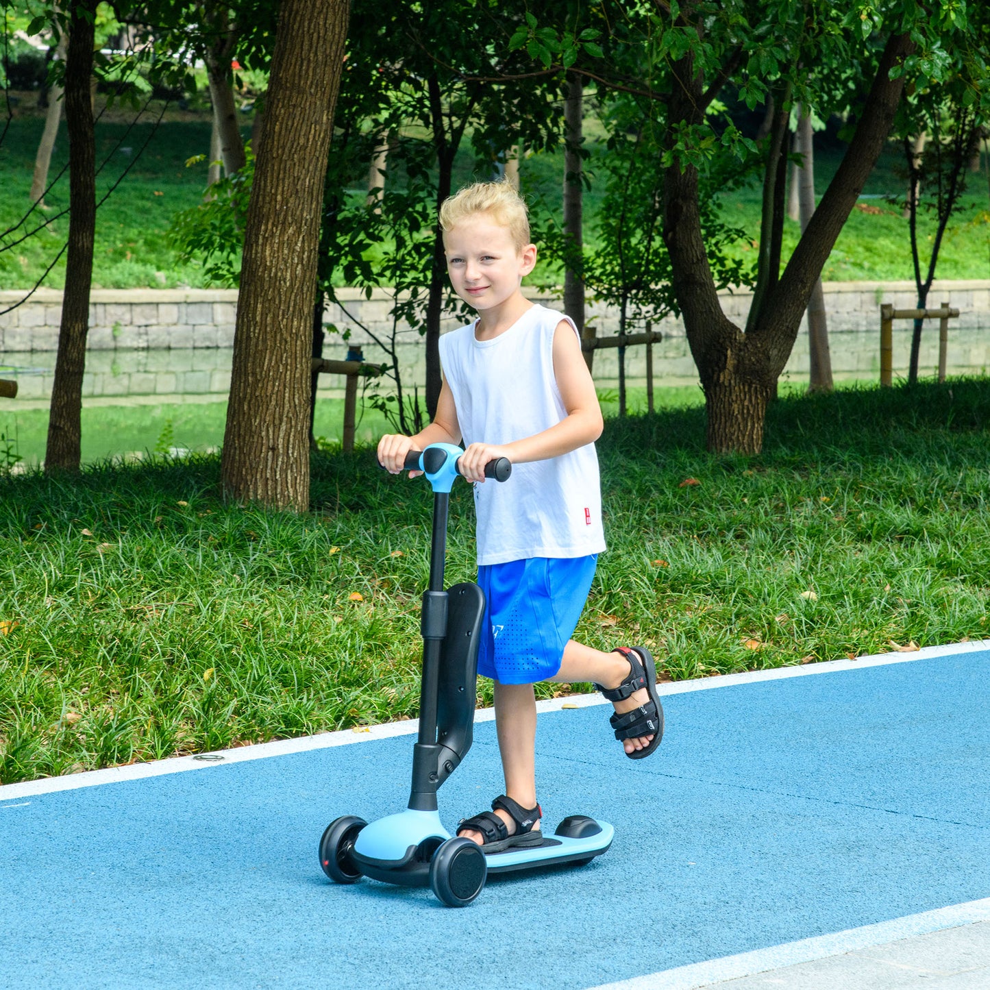 AIYAPLAY Patinete para Niños 2 en 1 Patinete Infantil Asiento Plegable con Altura Ajustable 3 Ruedas Brillantes para +18 Meses Carga 50 kg 58x31x64-79 cm Azul