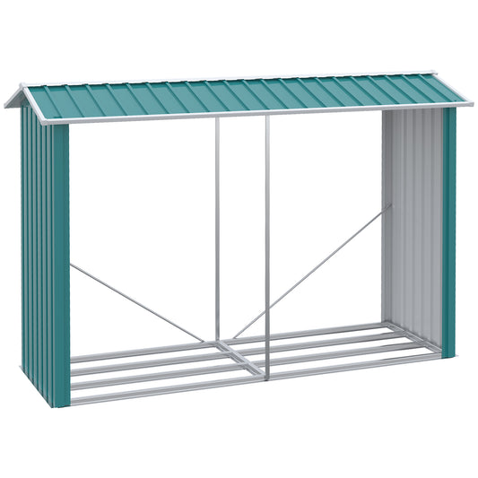 Outsunny Casetilla para Leña de Acero Galvanizado Leñero Exterior Cobertizo de Almacenamiento de Troncos con Techo para Jardín Terraza Patio 240x86x160 cm Verde