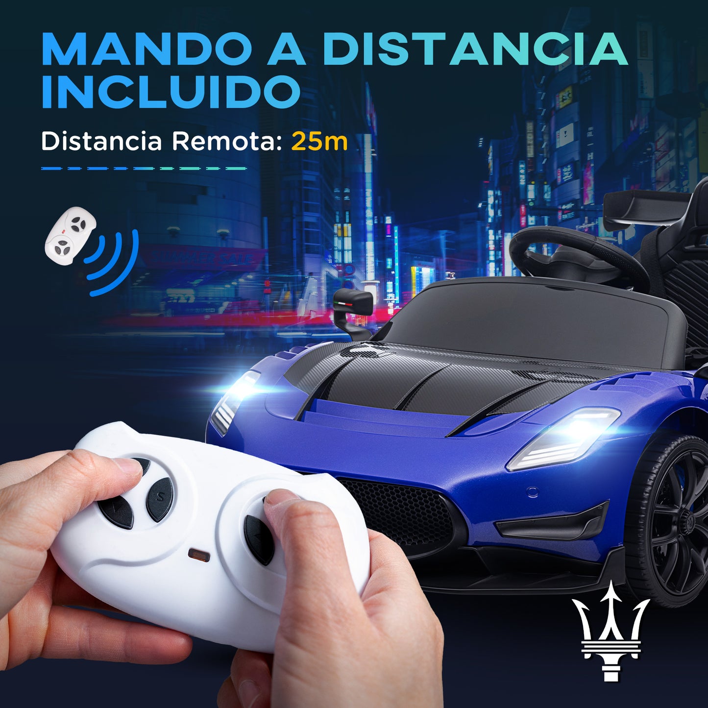 AIYAPLAY Coche Eléctrico para Niños de +3 Años Maserati GT2 Coche Eléctrico con Batería 12V con Mando a Distancia Faros LED Bocina Música y Ruedas Auxiliares 115x60x45 cm Azul